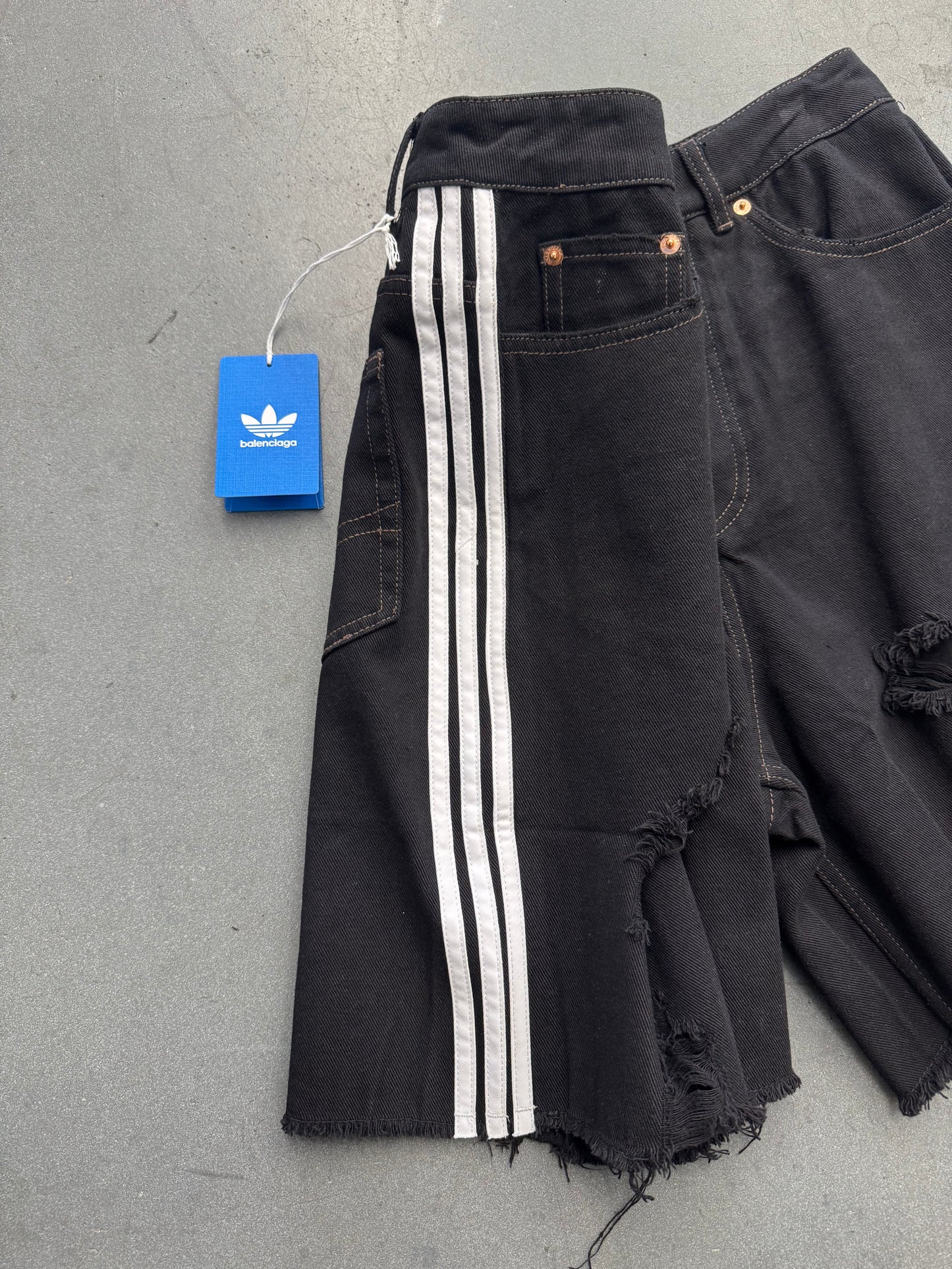 BALENCIAGA X ADIDAS DISTRESSED DENIM 3-STRIPE SHORTS (NWT S)