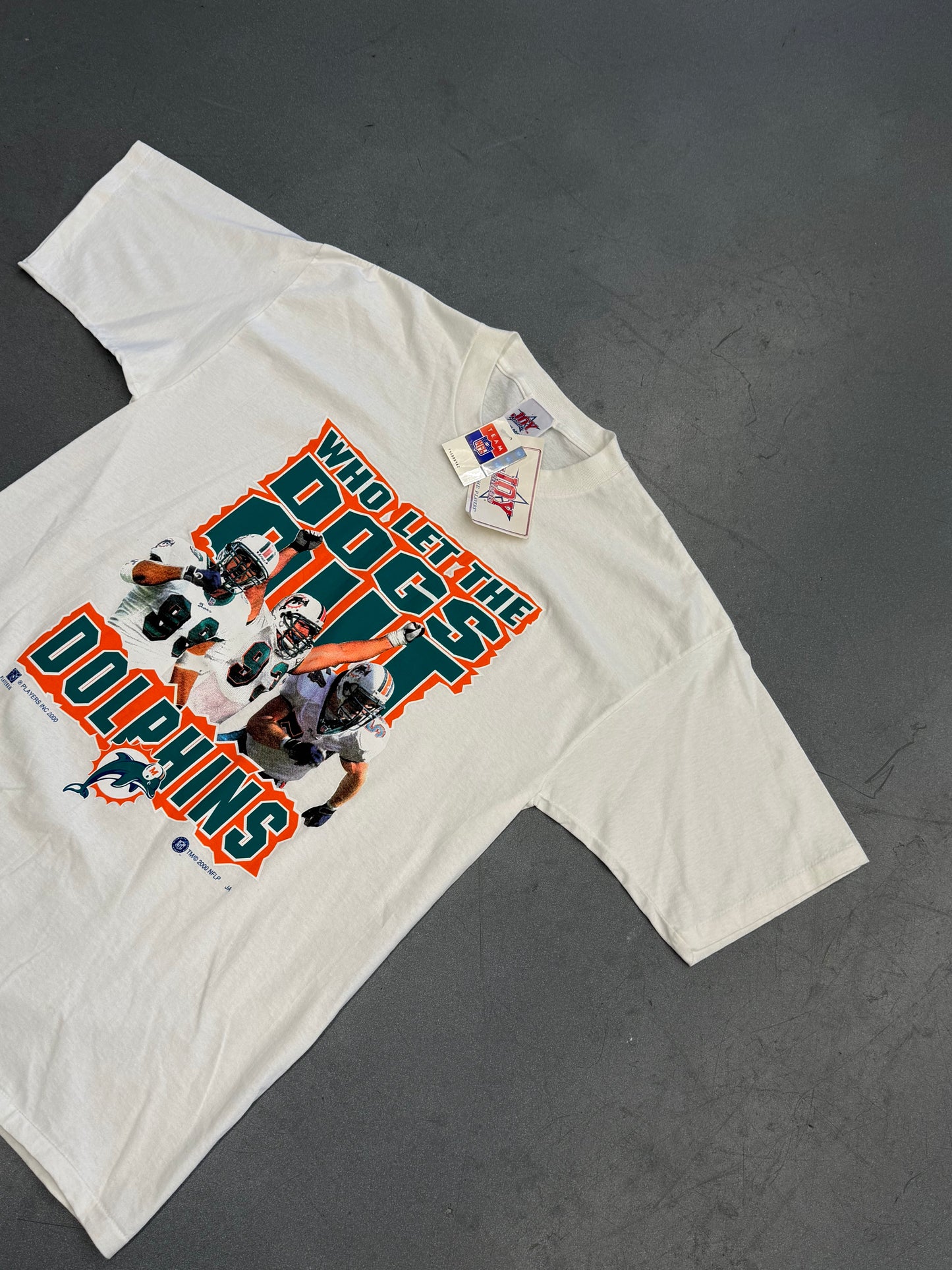 2000 MIAMI DOLPHINS WHO LET THE DOGS OUT NFLP TEE (JOY ATHLETIC TAG) (NWT)