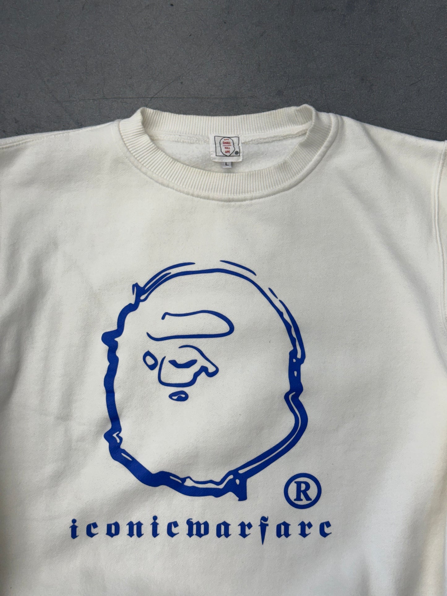 VINTAGE BAPE ICONIC WARFARE BIG HEAD CREWNECK - WHITE/BLUE