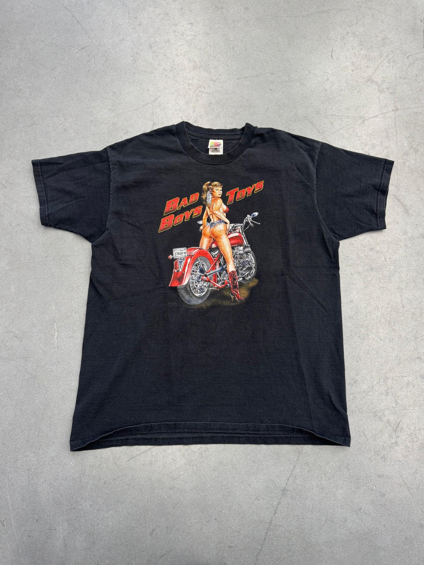 90S BAD BOYS TOYS BIKER CHICK ON MOTORCYCLE TEE (FOTL HEAVY TAG)