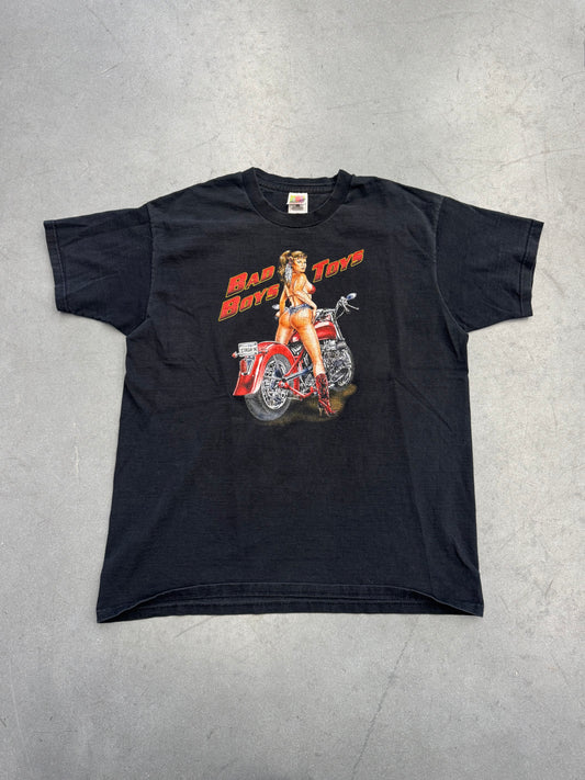 90S BAD BOYS TOYS BIKER CHICK ON MOTORCYCLE TEE (FOTL HEAVY TAG)