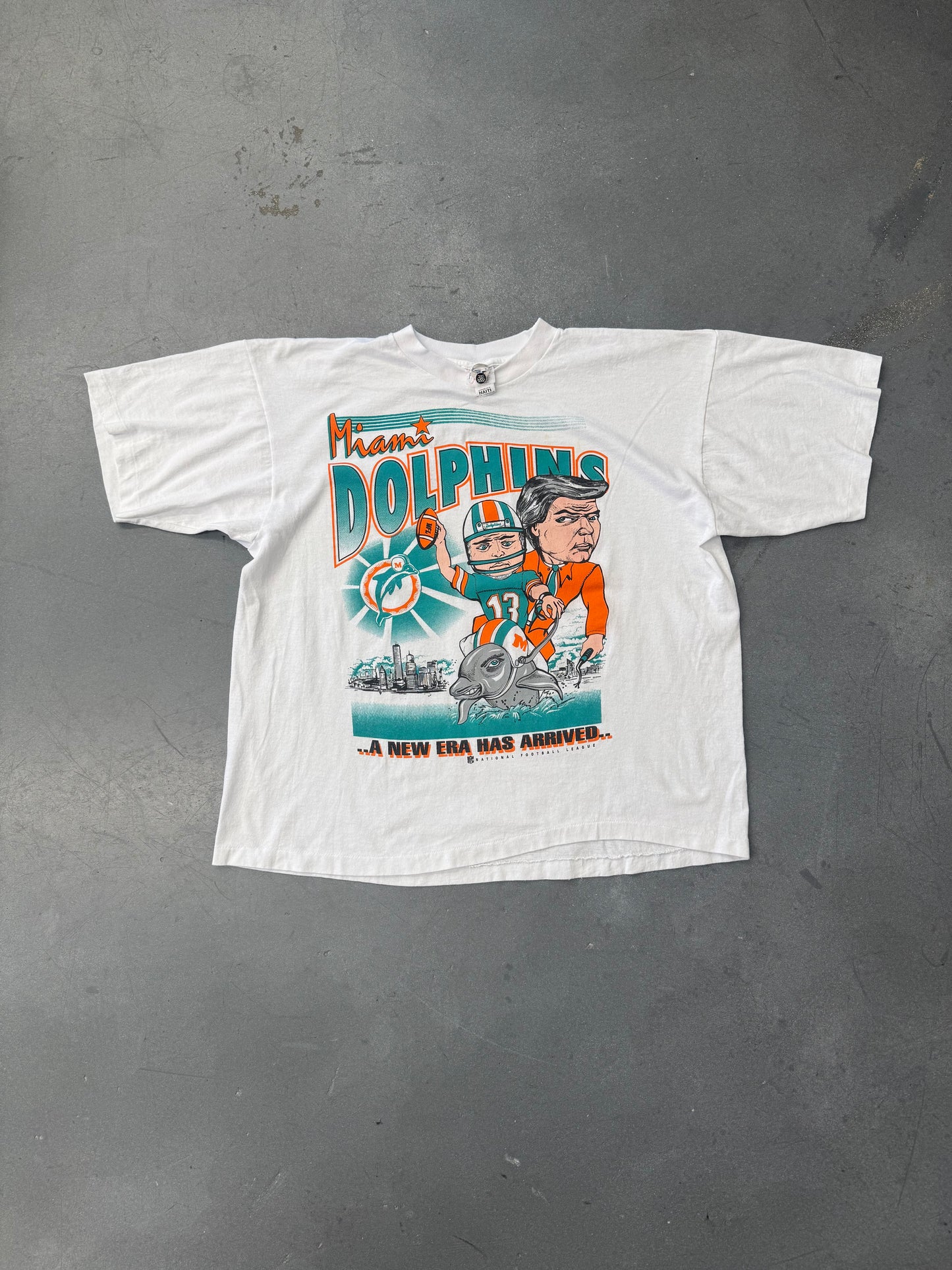 90S MIAMI DOLPHINS "..A NEW ERA HAS ARRIVED.." TEE (R.S. T'S TAG)