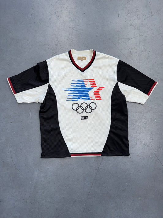KITH FOR OLYMPICS HERRITAGE MESH DARIN WARM UP SHIRT - WHITE/BLACK (M)
