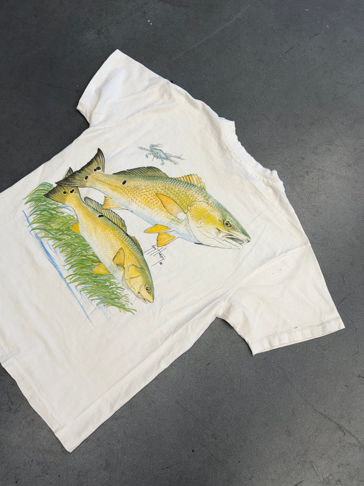 90'S GUY HARVEY RED FISH + BLUE CRAB POCKET TEE (HANES BEEFY-T TAG)