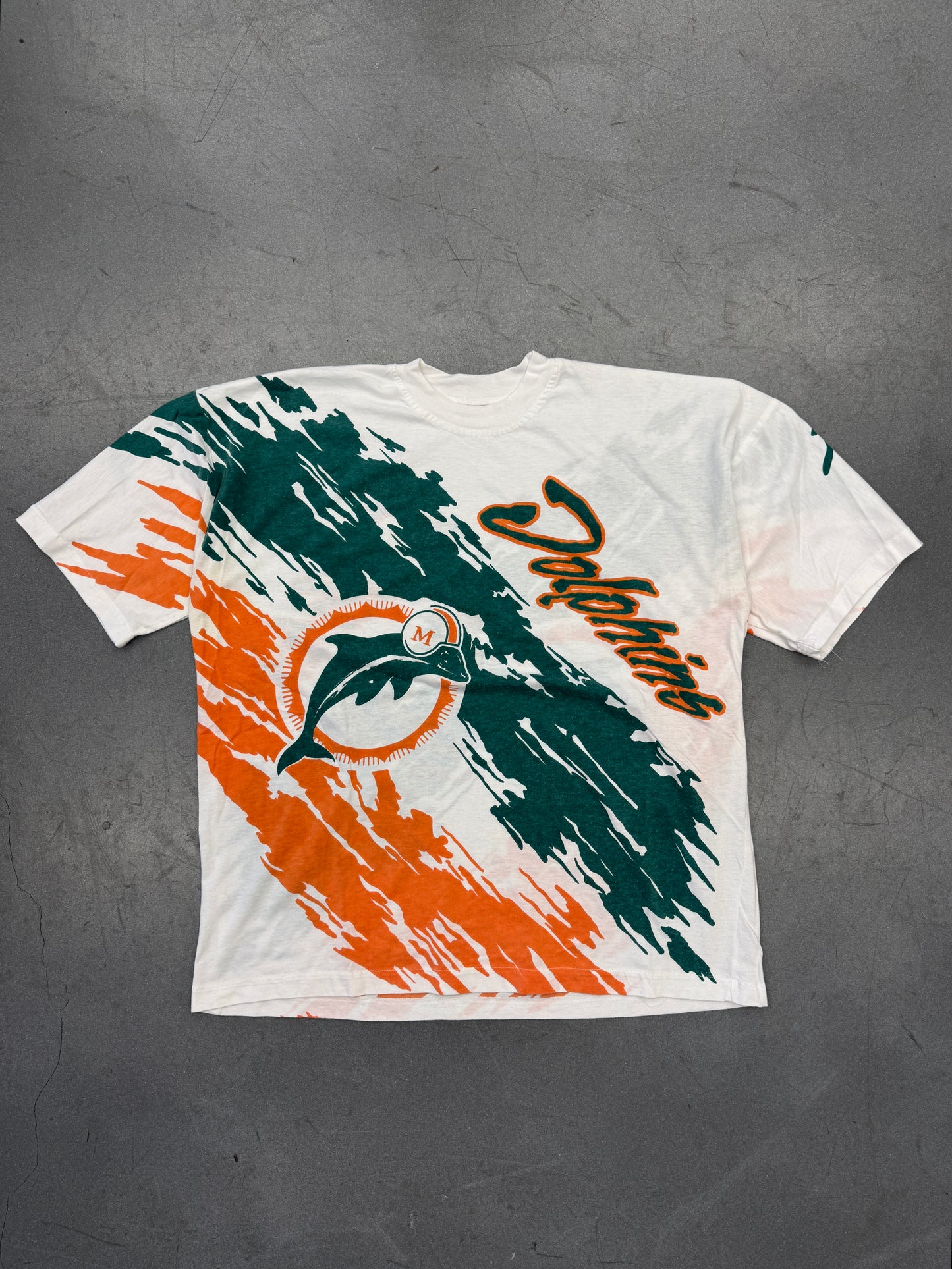 90S MIAMI DOLPHINS SIDE SPLASH ALL OVER PRINT TEE (PULLED TAG)