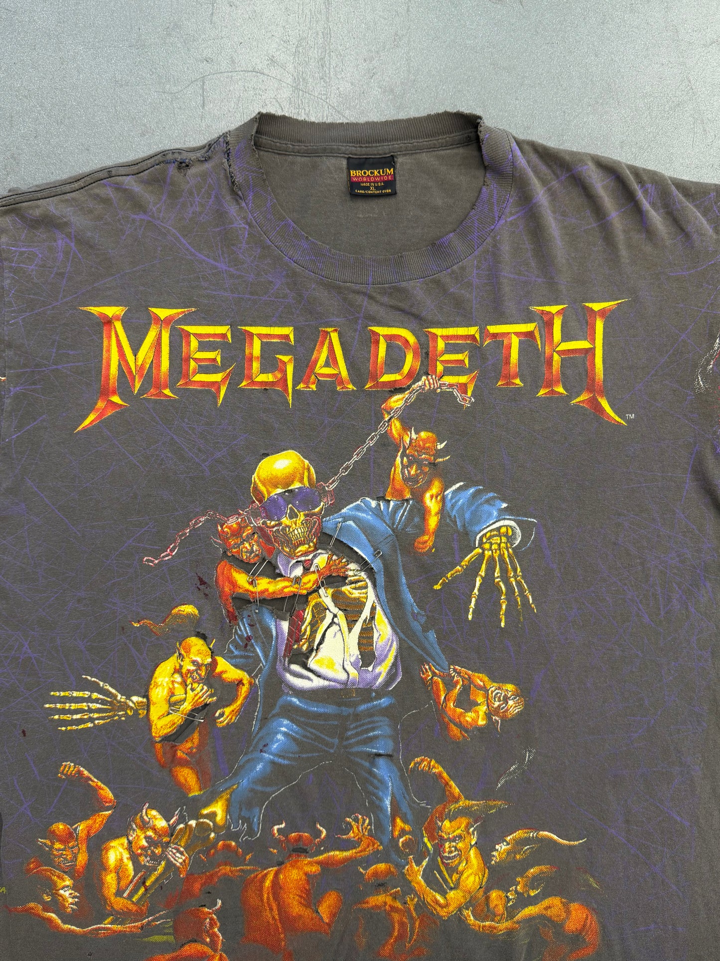 1991 MEGADEATH SUIT SKELETON THRASHED AOP PINNED TEE (BROCKUM TAG)