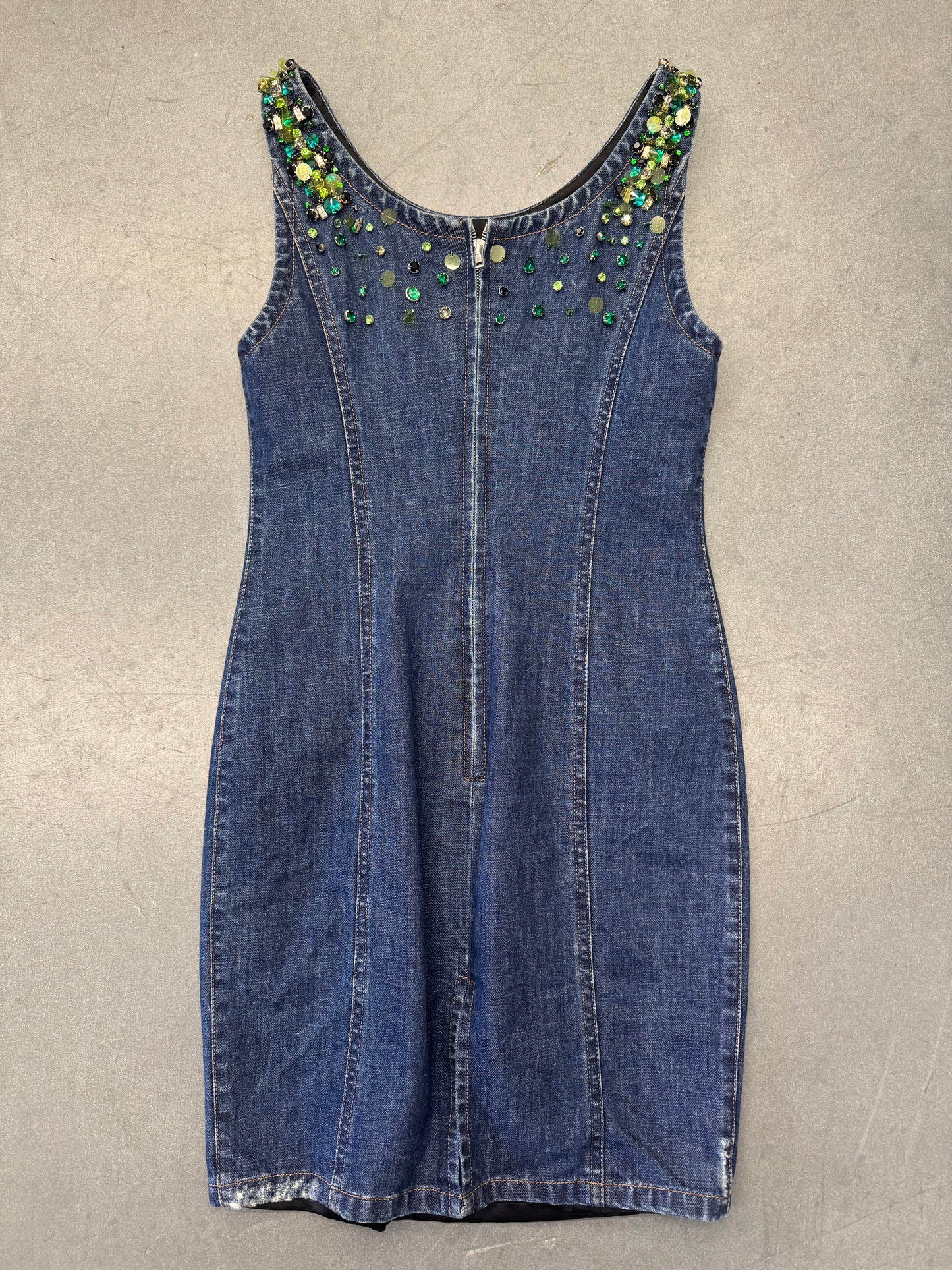 MIU MIU GREEN CRYSTAL DENIM ZIP DRESS