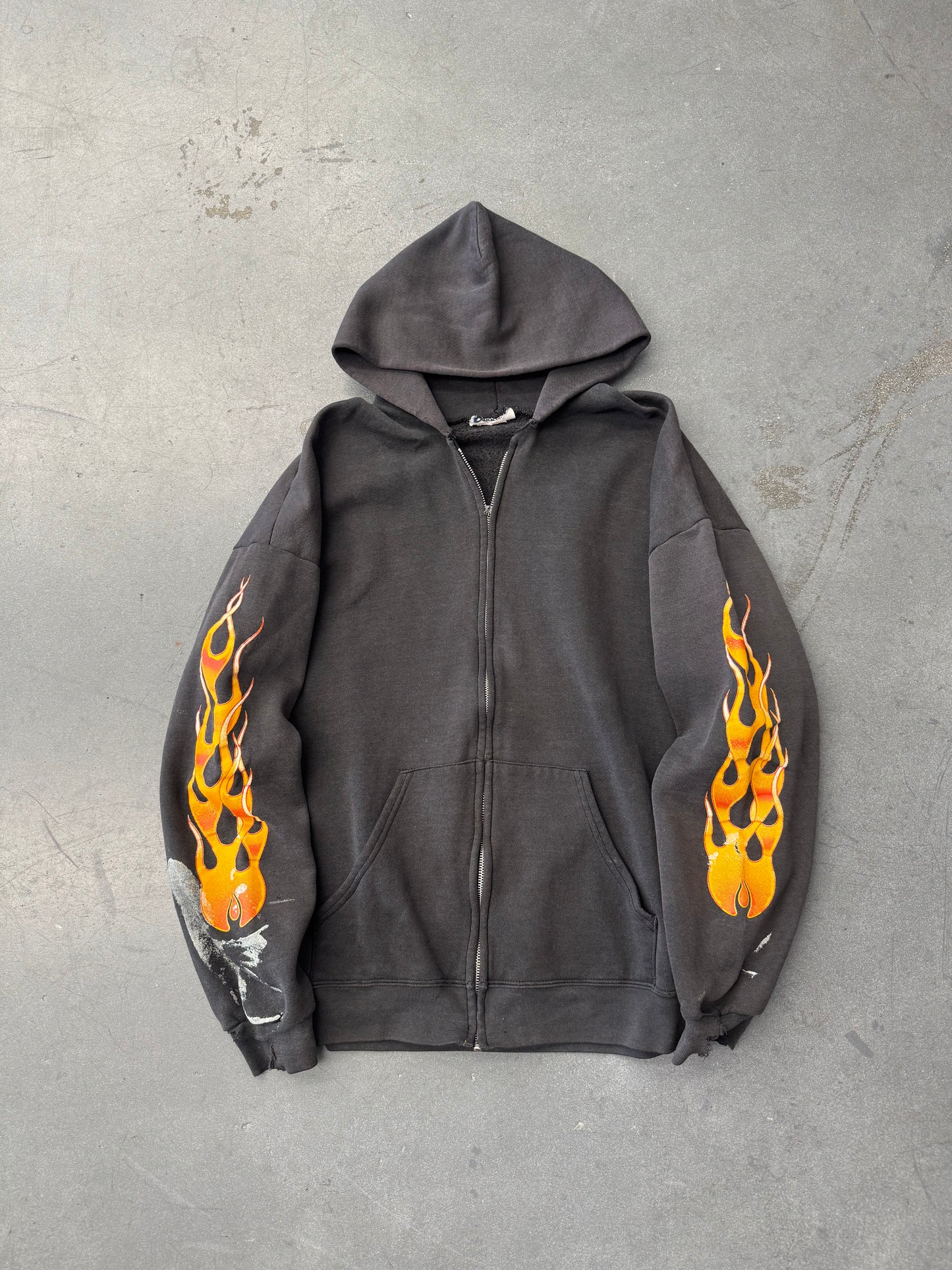 90S BIKER RAGS KNOXVILLE, TN. FLAME-SLEEVES ZIP-UP HOODIE (CUT TAGS) (BROKEN ZIPPER)