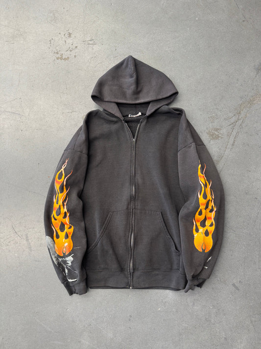 90S BIKER RAGS KNOXVILLE, TN. FLAME-SLEEVES ZIP-UP HOODIE (CUT TAGS) (BROKEN ZIPPER)