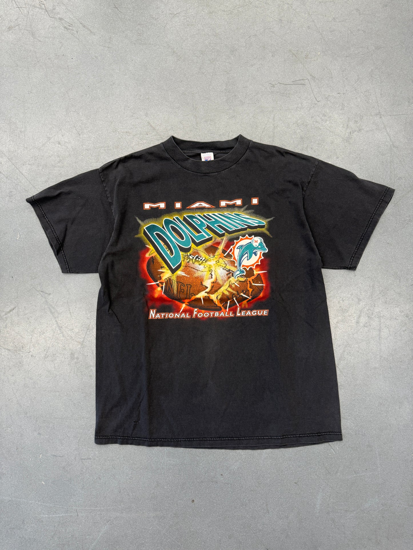 90S MIAMI DOLPHINS EXPLODING FOOTBALL TEE (LOGO 7 TAG)