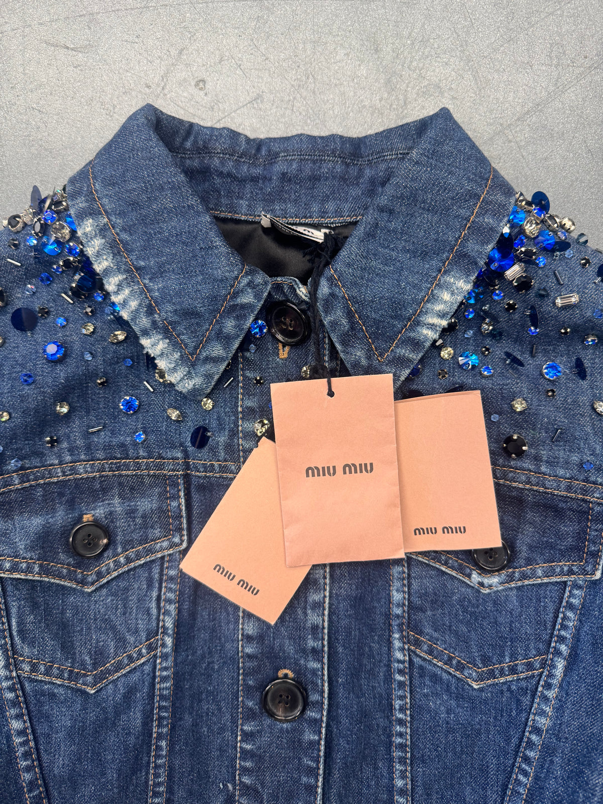 2014 MIU MIU EMBELLISHED CROPPED DENIM JACKET