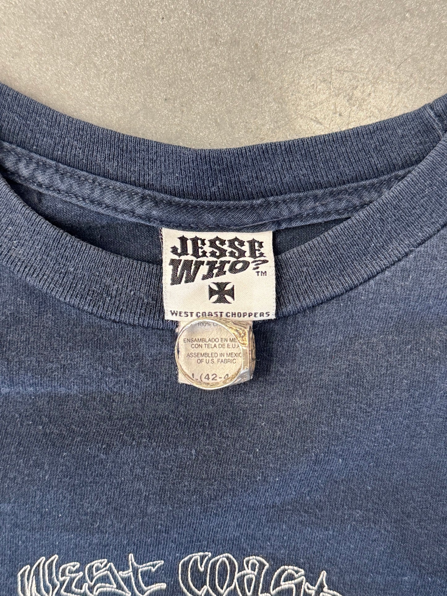 00'S WEST COAST CHOPPERS BLUE FLAME SKULL IRON CROSS LOGO "CHOPPERSF FOR LIFE" SPELLOIT LS TEE (TAG)