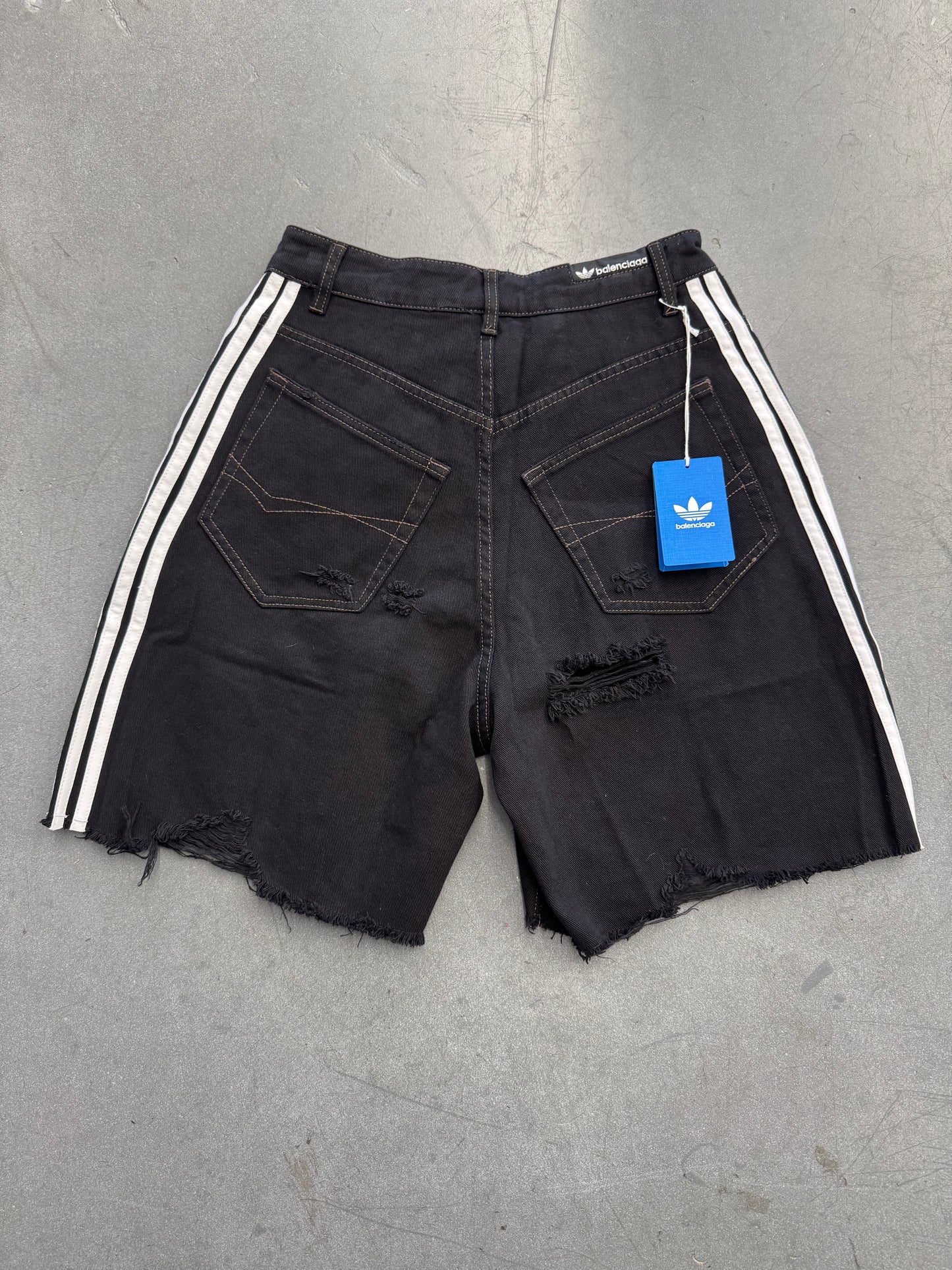 BALENCIAGA X ADIDAS DISTRESSED DENIM 3-STRIPE SHORTS (NWT S)