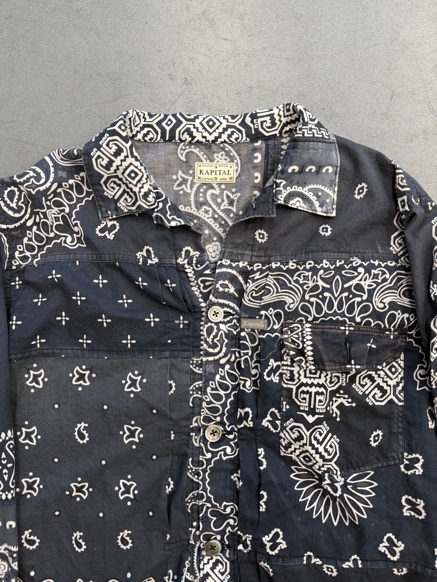KAPITAL BLACK BANDANA-PRINT PATCHWORK COTTON BUTTON-UP LS SHIRT
