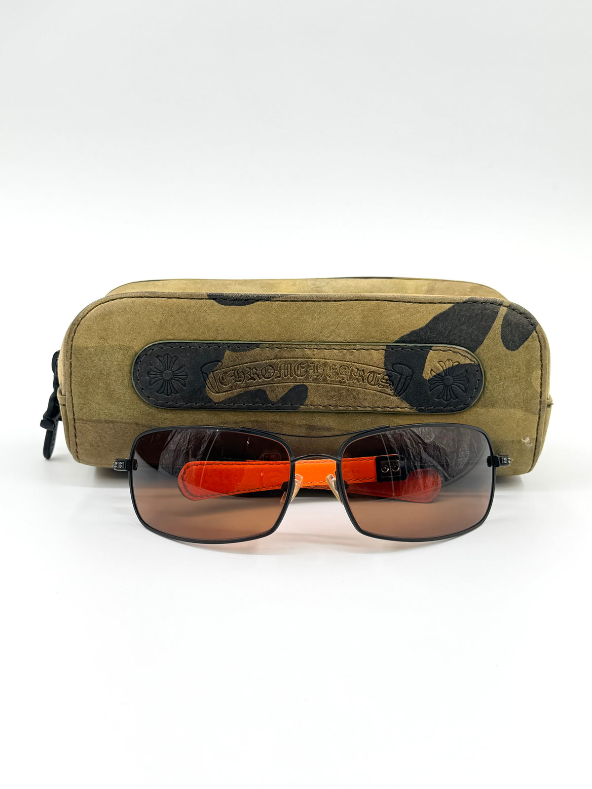 CHROME HEARTS 'KUSTOM' LEATHER AVIATOR SUNGLASSES - CAMO/ORANGE