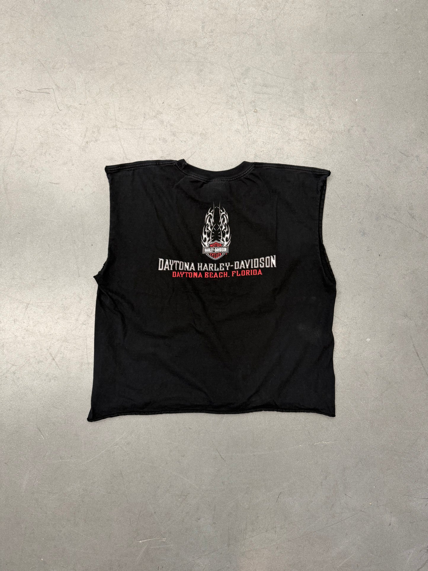 2002 HARLEY-DAVIDSON CHROME FLAME EAGLE DAYTONA BEACH, FLORIDA CUT-OFF CROPPED TEE (HARLEY-DAVIDSON TAG)