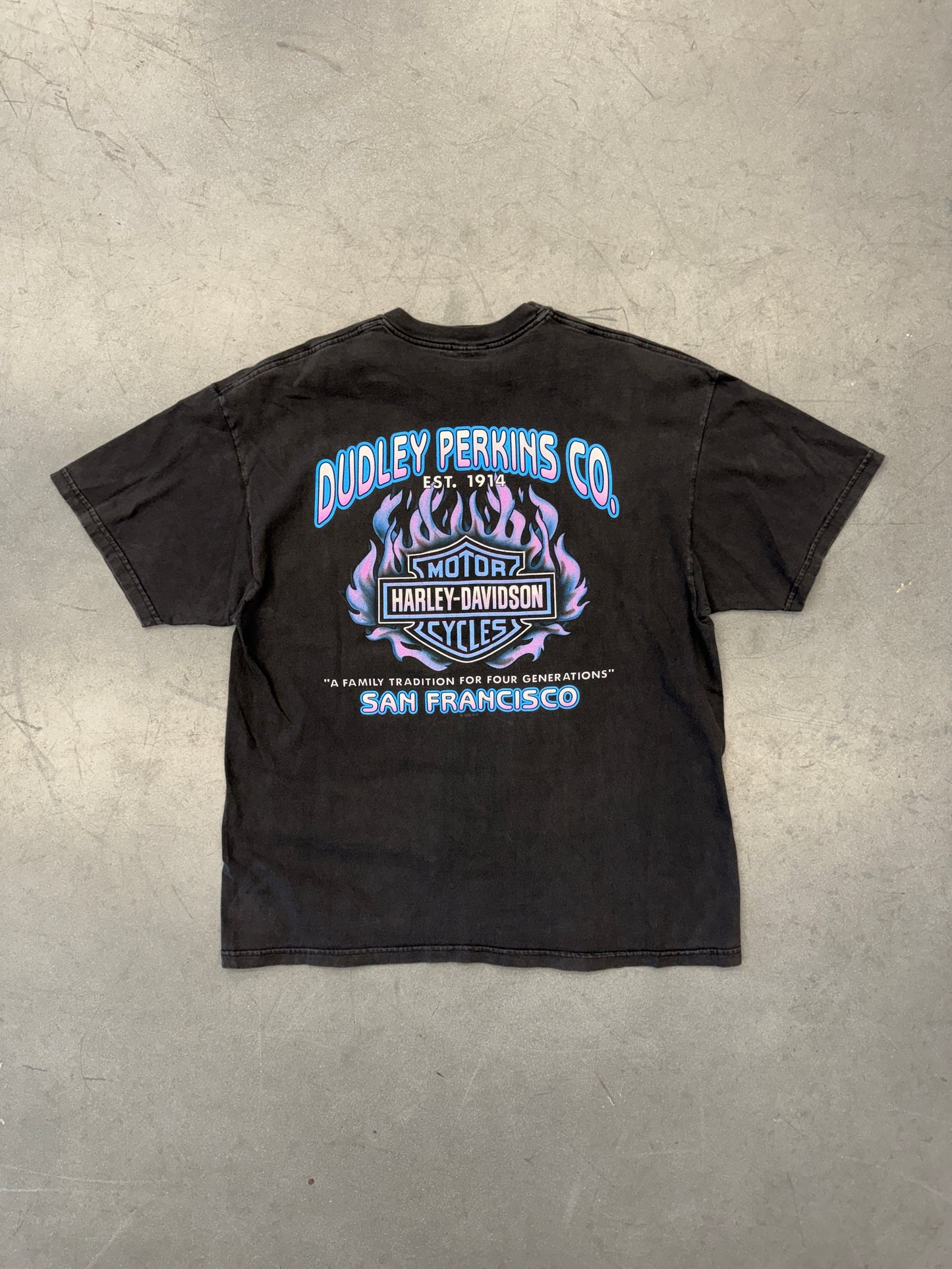 2002 HARLEY-DAVIDSON DUDLEY PERKINS CO. SAN FRANCISCO BLUE/PURPLE FLAMES TEE
