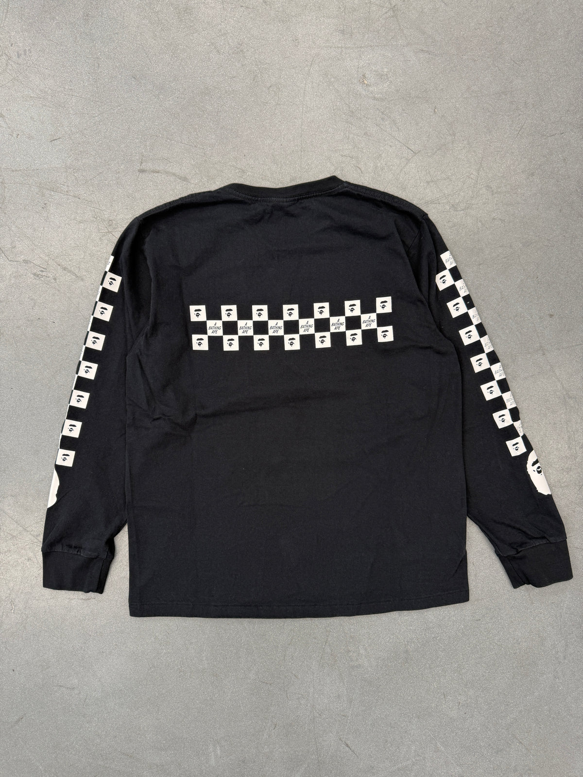 A BATHING APE BAPE ""WORLD GONE MAD"" CHECKERBOARD LONG SLEEVE TEE - BLACK
