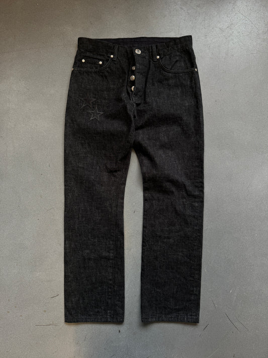 CHROME HEARTS LEATHER STAR PATCH SELVEDGE DENIM JEANS - BLACK (33)