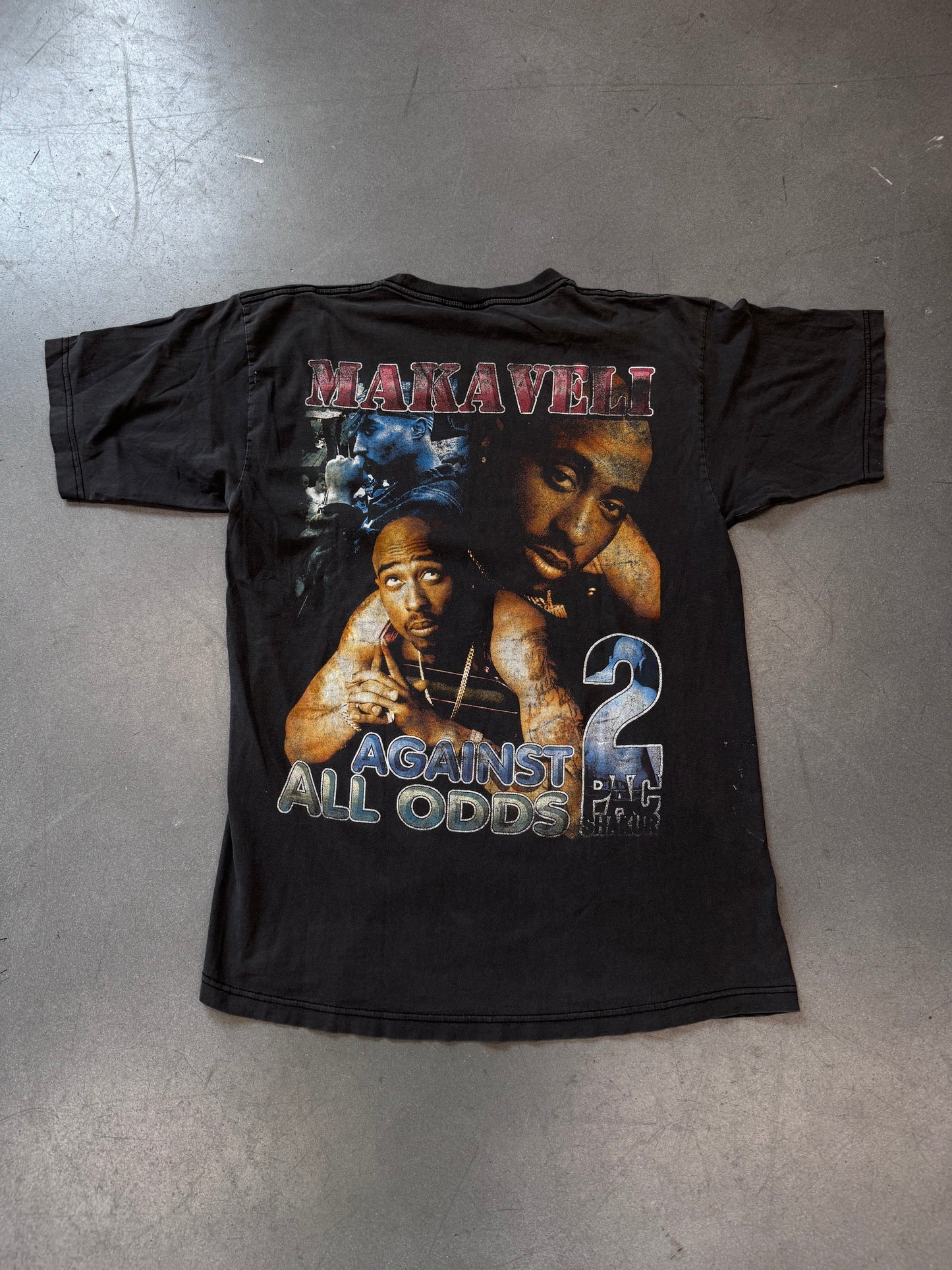 90'S MAKAVELI AGAINST ALL ODDS 2PAC TUPAC FADED FRONT TEE (PERFECT GAME TAG)