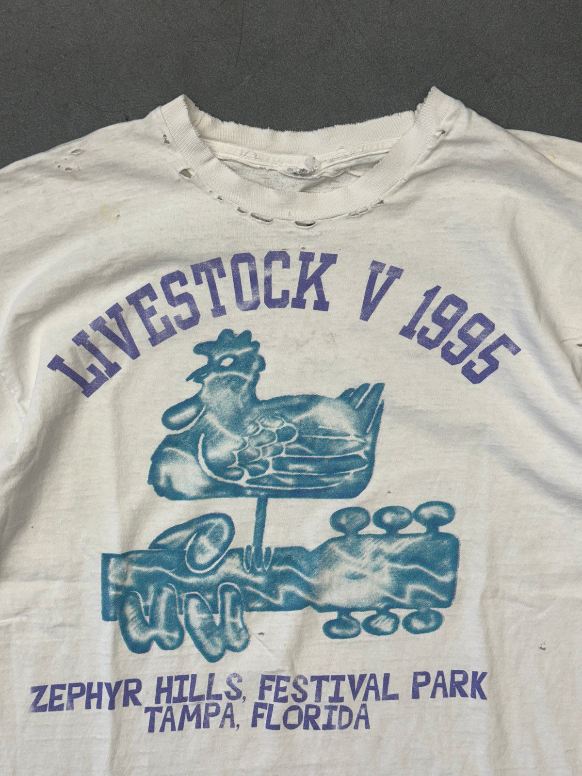 1995 LIVESTOCK V ZEPHYRHILLS FESTIVAL PARK THRASHED AND REPAIRED TEE (CUT FOTL TAG)