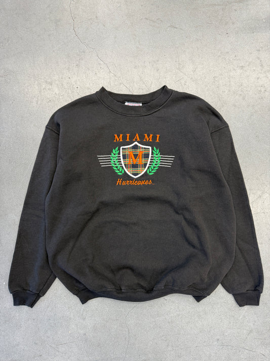 90S UNIVERSITY OF MIAMI HURRICANES SPELLOUT EMBROIDERED CREWNECK SWEATER (CRABLE SPORTSWEAR TAG)