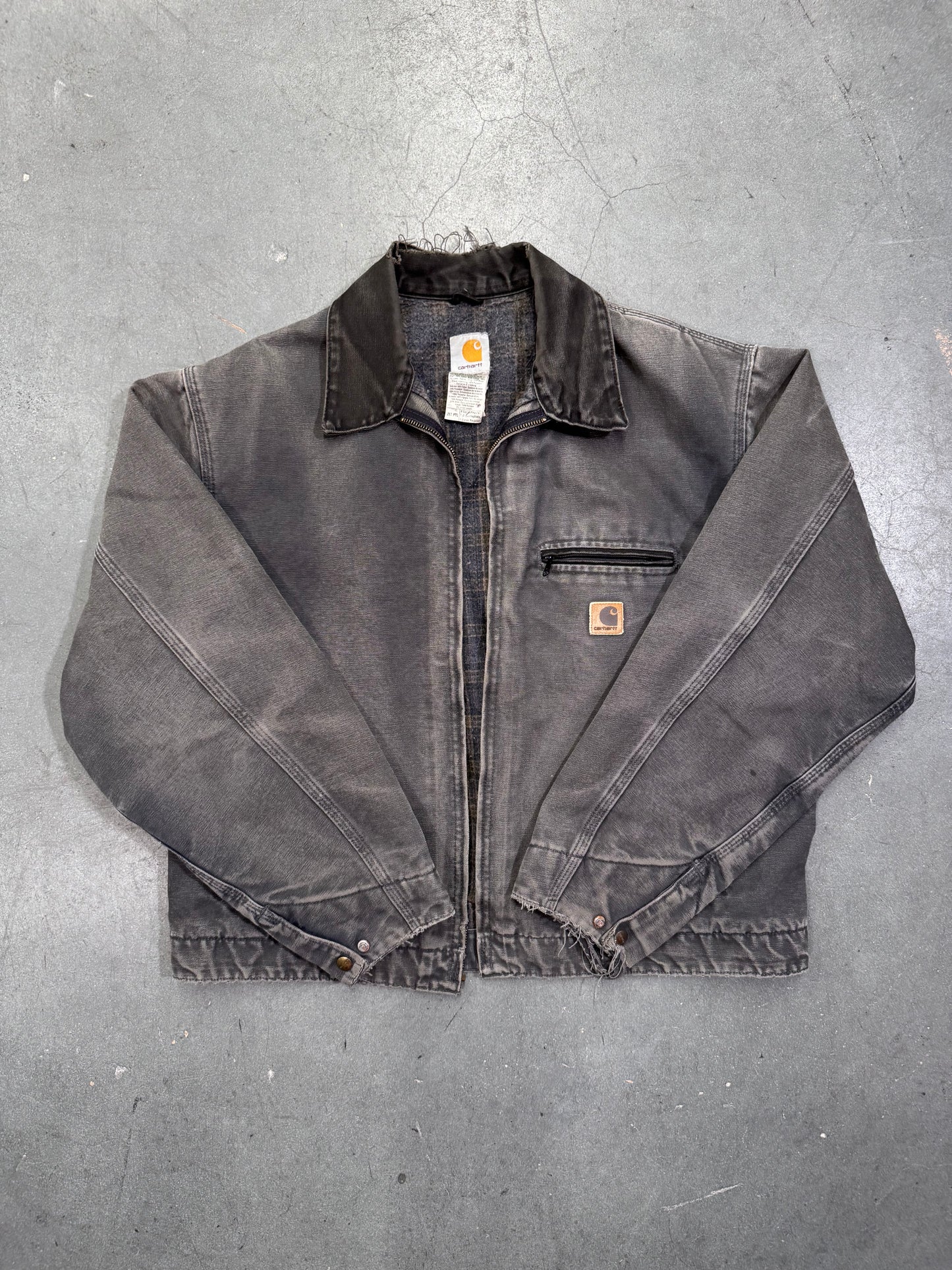 90'S CARHARTT FLANNEL-LINED CANVAS WORK JACKET BROKEN ZIPPER - FADED BLACK (J97PTL) (XL)