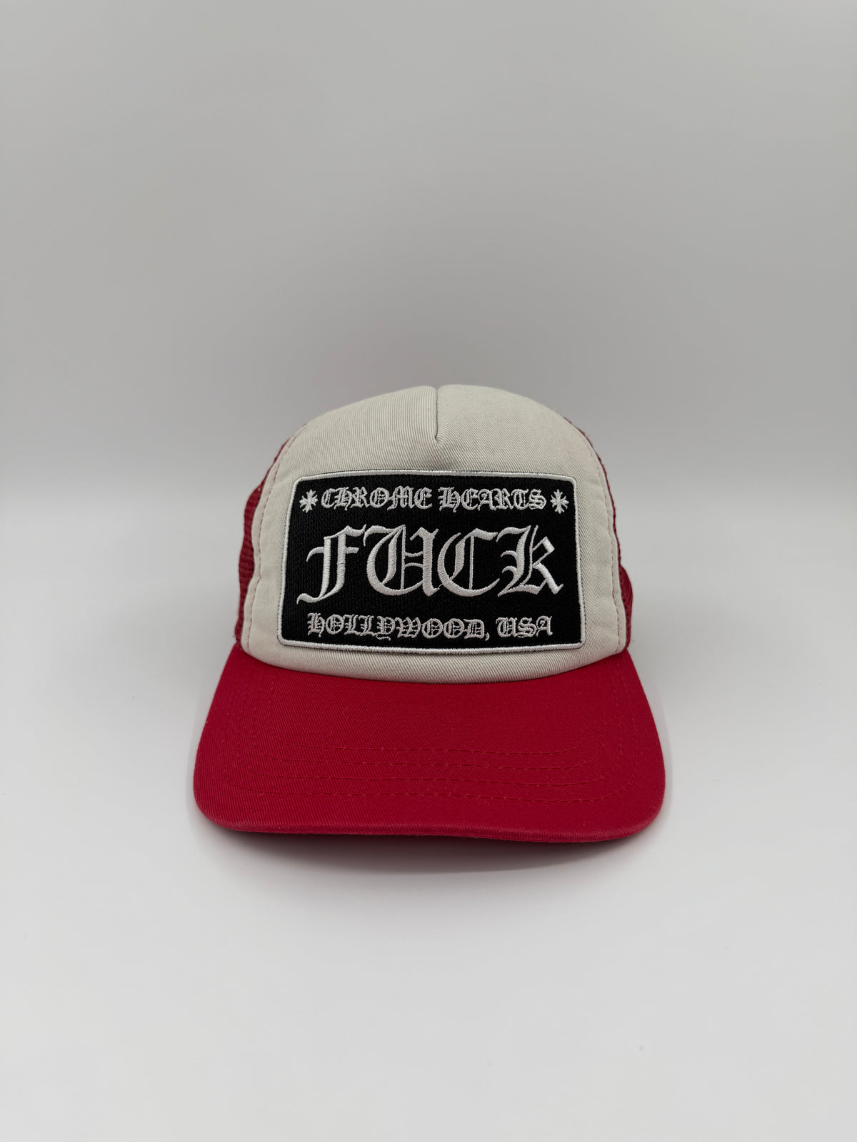 CHROME HEARTS FUCK HOLLYWOOD, USA TRUCKER HAT - RED/WHITE/BLACK