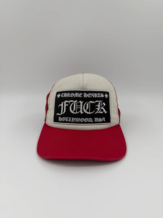 CHROME HEARTS FUCK HOLLYWOOD, USA TRUCKER HAT - RED/WHITE/BLACK