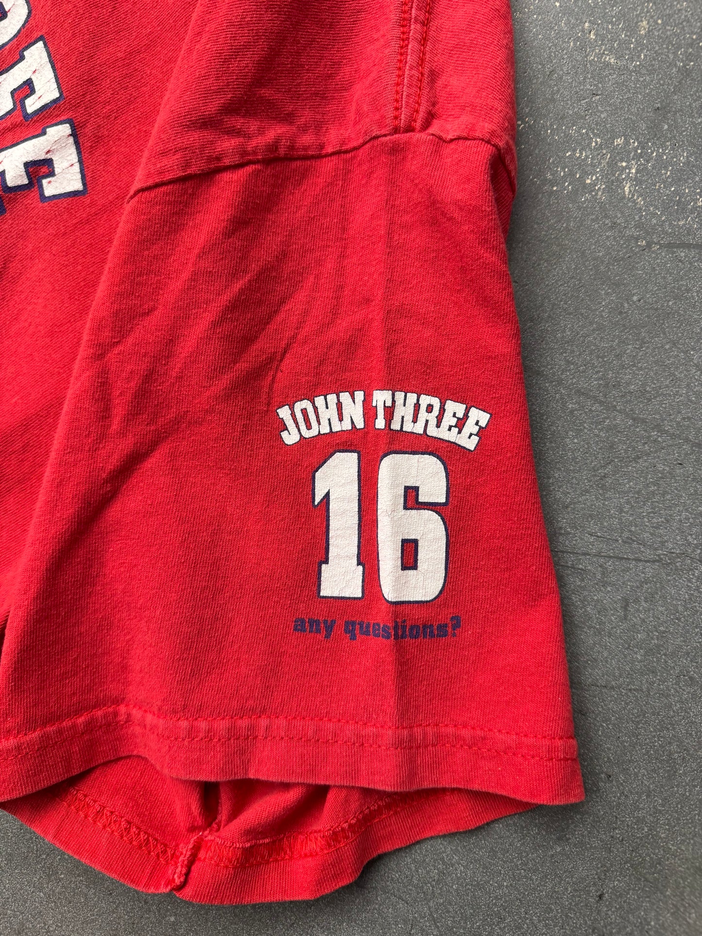Y2K "JOHN THREE 16 ANY QUESTIONS?" JERSEY-STYLE TEE (DELTA TAG)