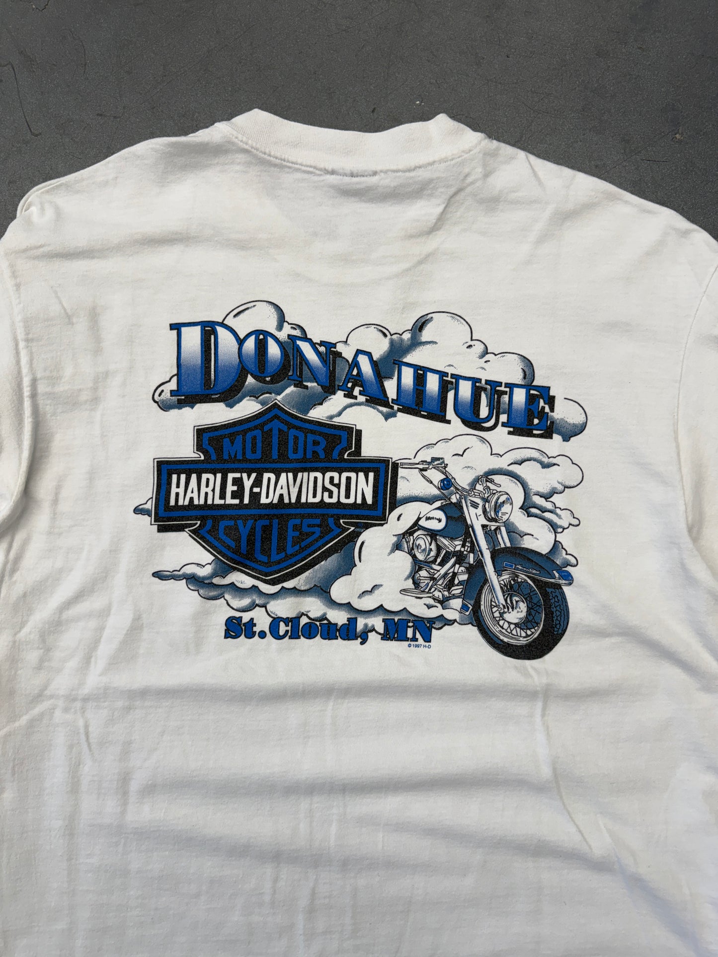 1998 HARLEY-DAVIDSON FEEL THE HEAT DONAHUE ST. CLOUD, MN PURPLE FLAME SLEEVE LS MULLET TEE