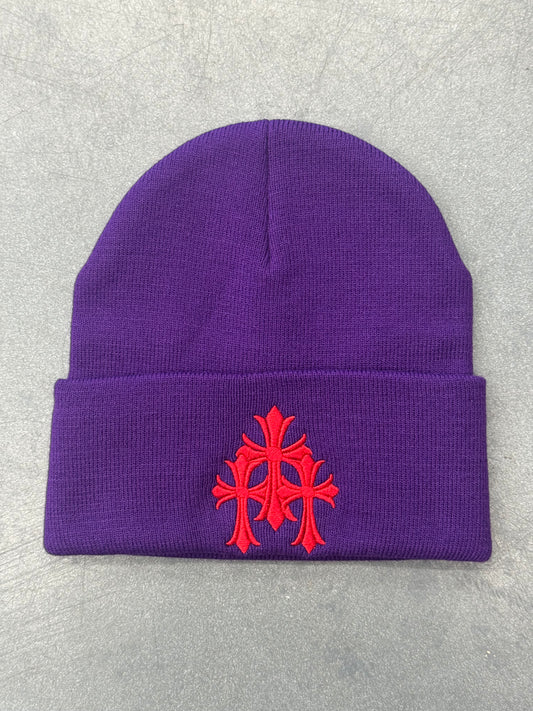 CHROME HEARTS TRIPLE CROSS WATCH CAP - PURPLE/RED