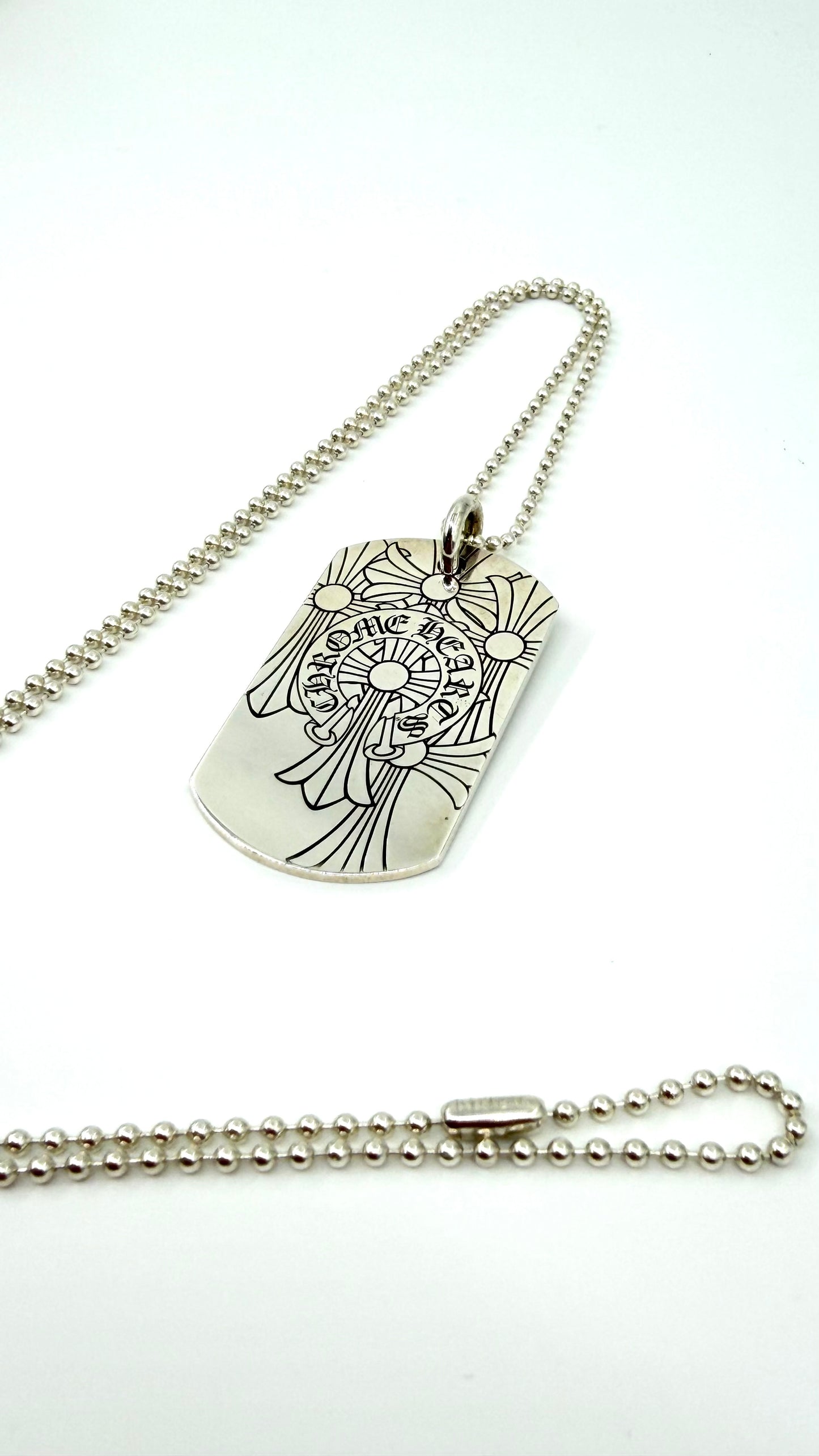 CHROME HEARTS GOD BLESS THE WORLD SILVER DOG TAG WITH 30 INCH SILVER BALL CHAIN