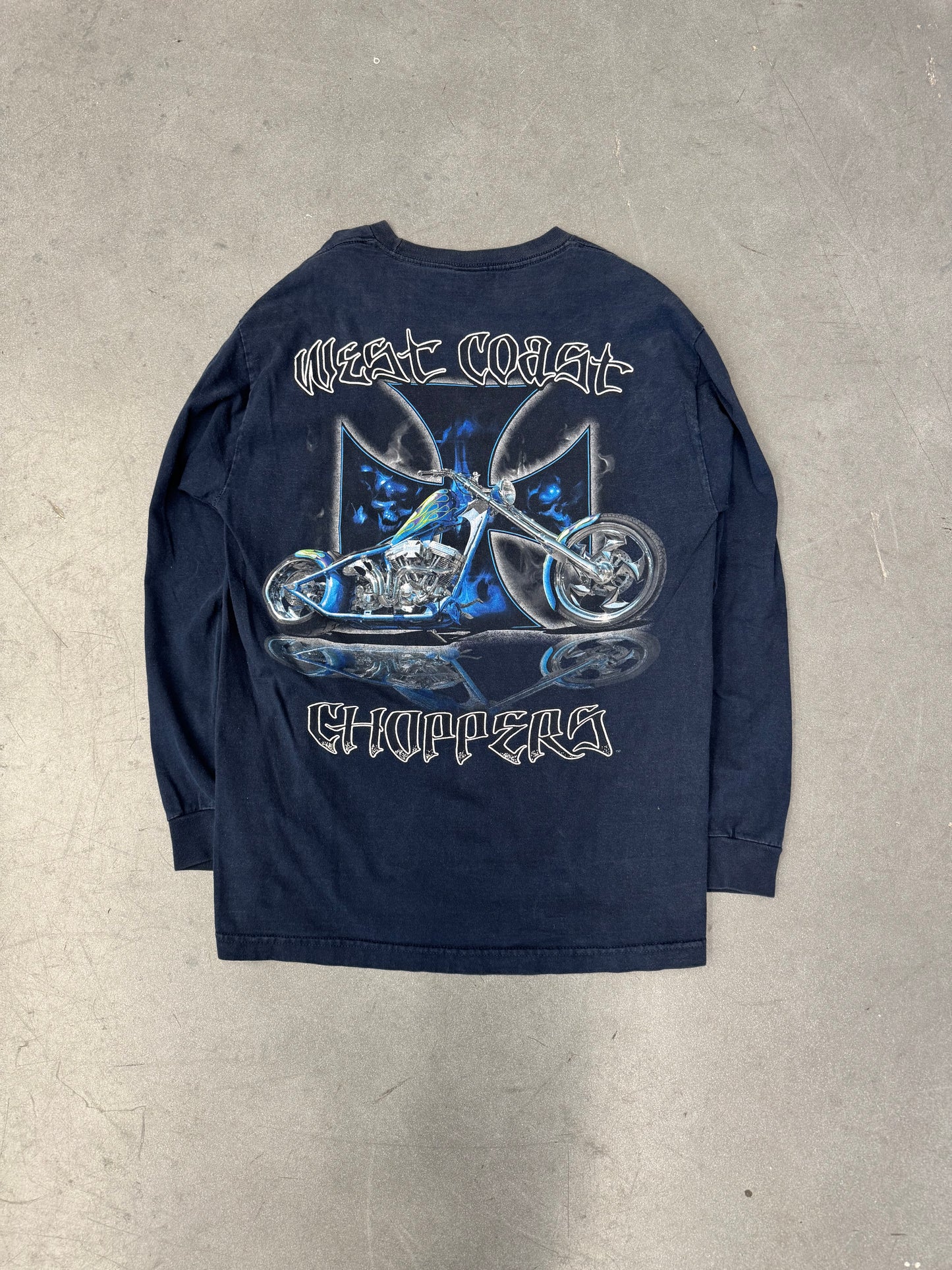 00'S WEST COAST CHOPPERS BLUE FLAME SKULL IRON CROSS LOGO "CHOPPERSF FOR LIFE" SPELLOIT LS TEE (TAG)