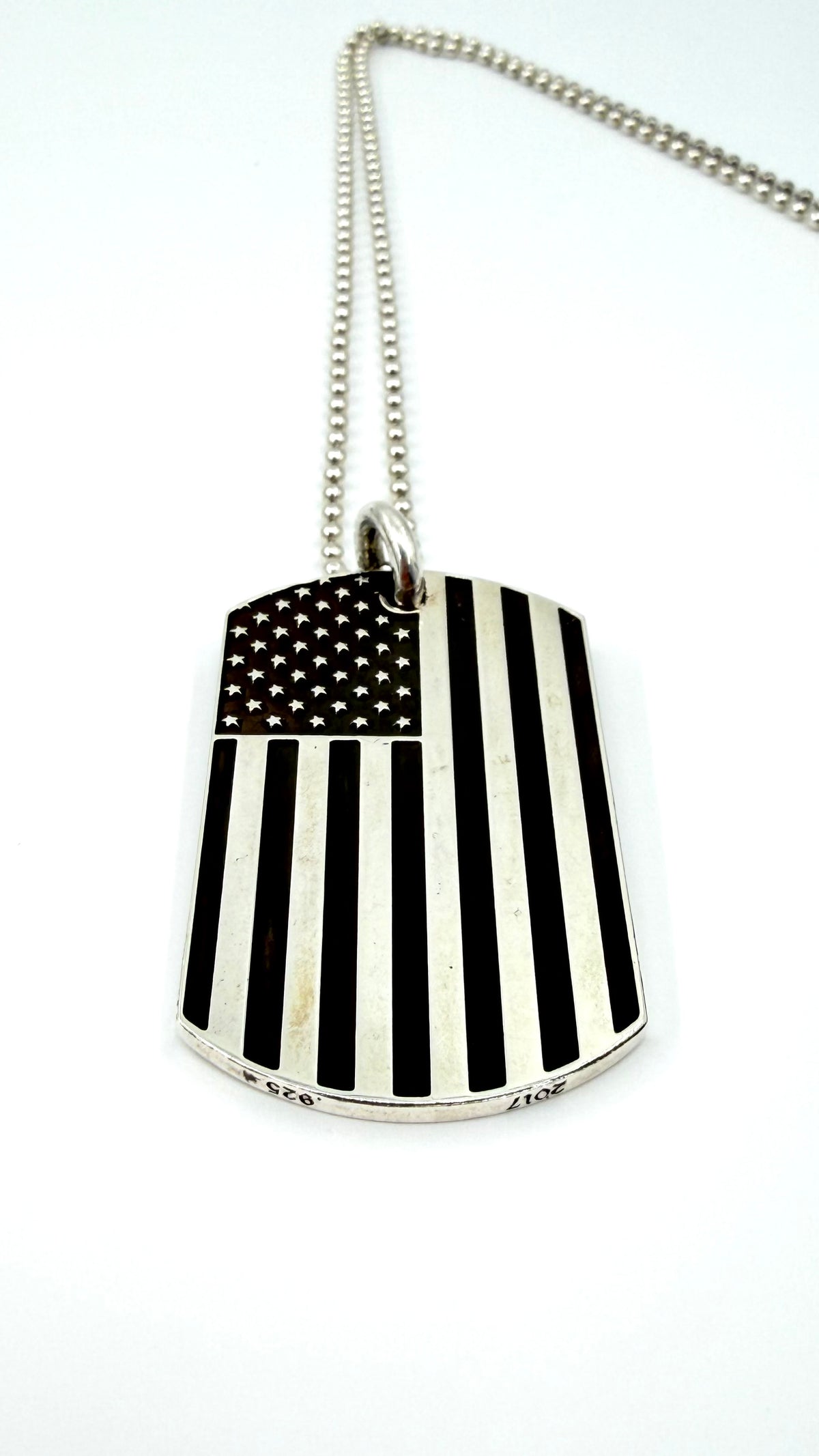 CHROME HEARTS RS FU VERTICAL AMERICAN FLAG SILVER DOG TAG WITH 30 INCH SILVER BALL CHAIN (NEW)