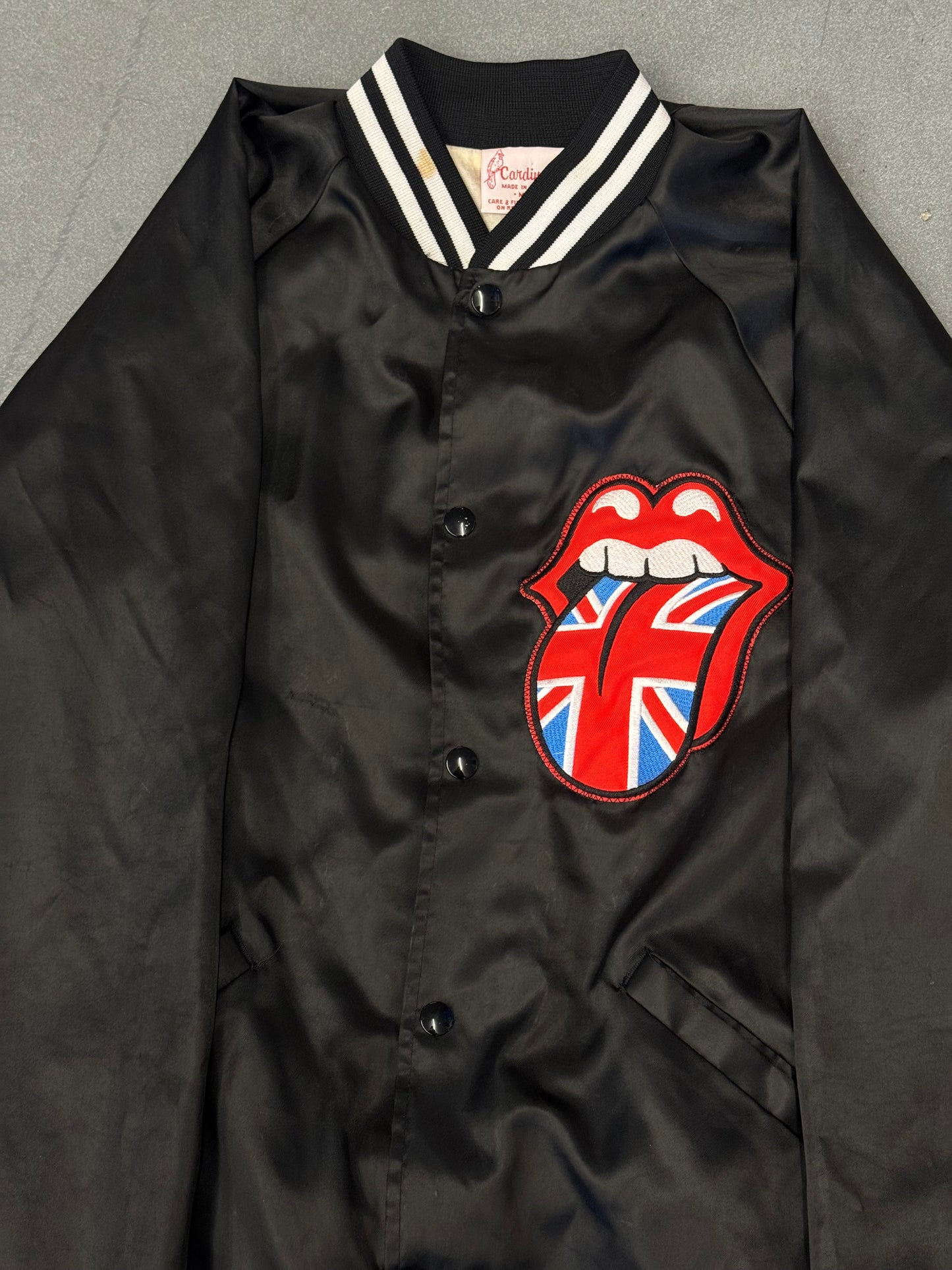 80S ROLLING STONES EMBROIDERED TONGUE SATIN JACKET (CARDINAL TAG)