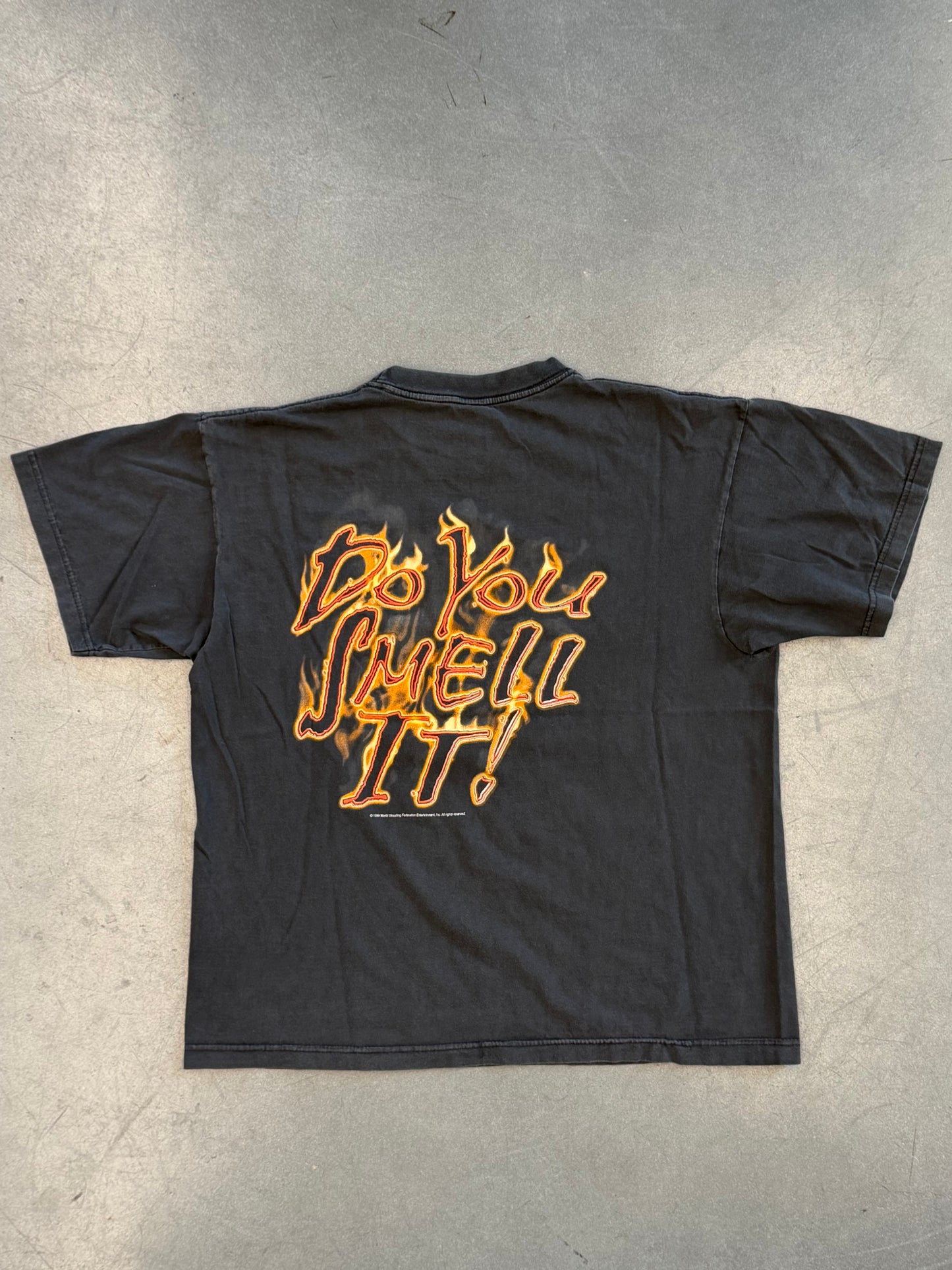 1999 WWE THE ROCK BULL "DO YOU SMELL IT!" WRESTLING TEE (EVENT! TAG)