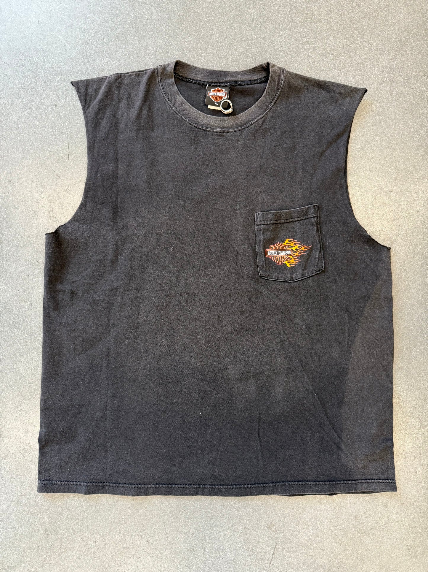 2000 HARLEY-DAVIDSON OF FT. MYERS CUT-OFF FLAME POCKET TEE (HARLEY-DAVIDSON TAG)