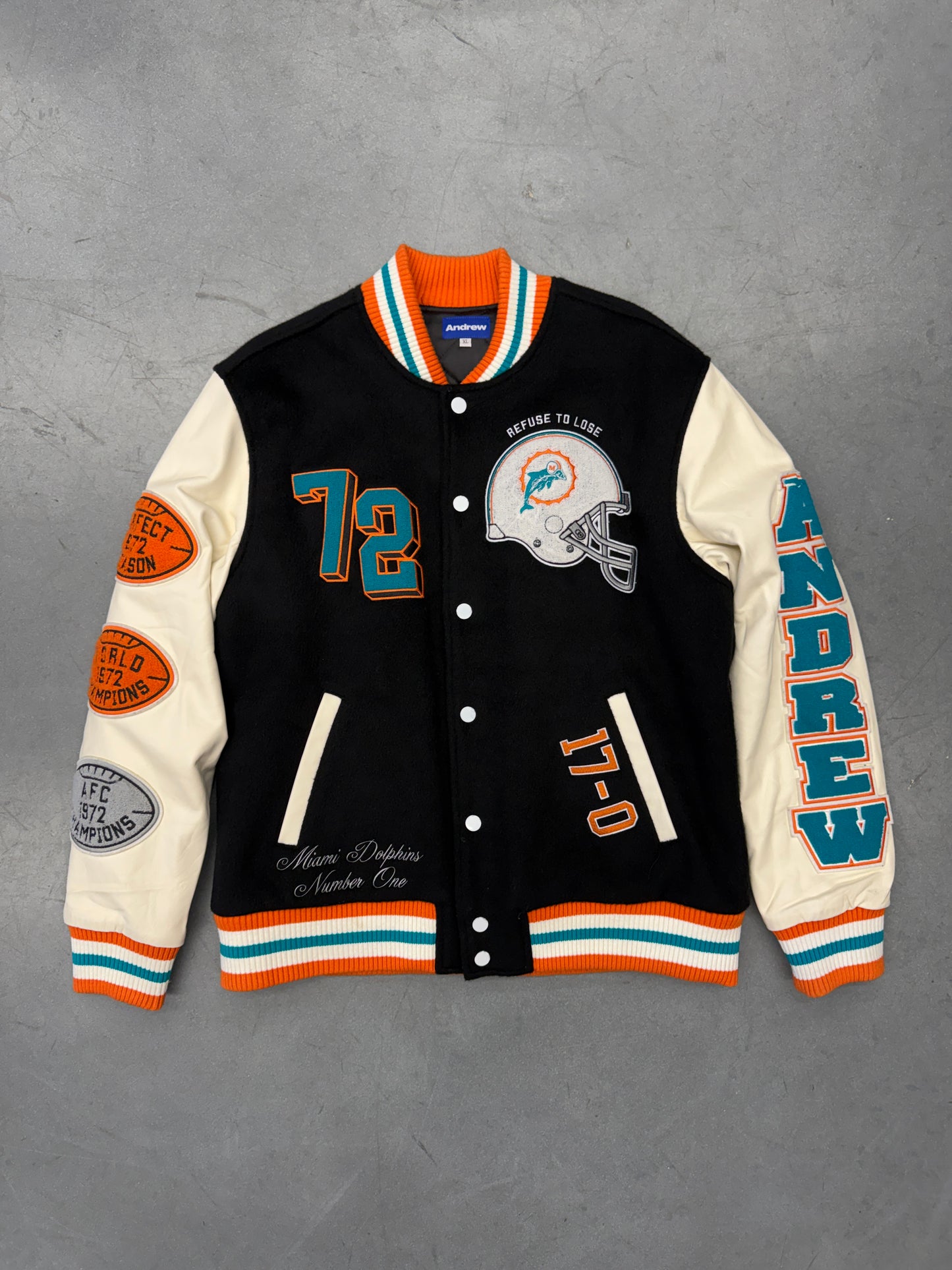 ANDREW MIAMI DOLPHINS 50TH ANNIVERSARY VARSITY JACKET