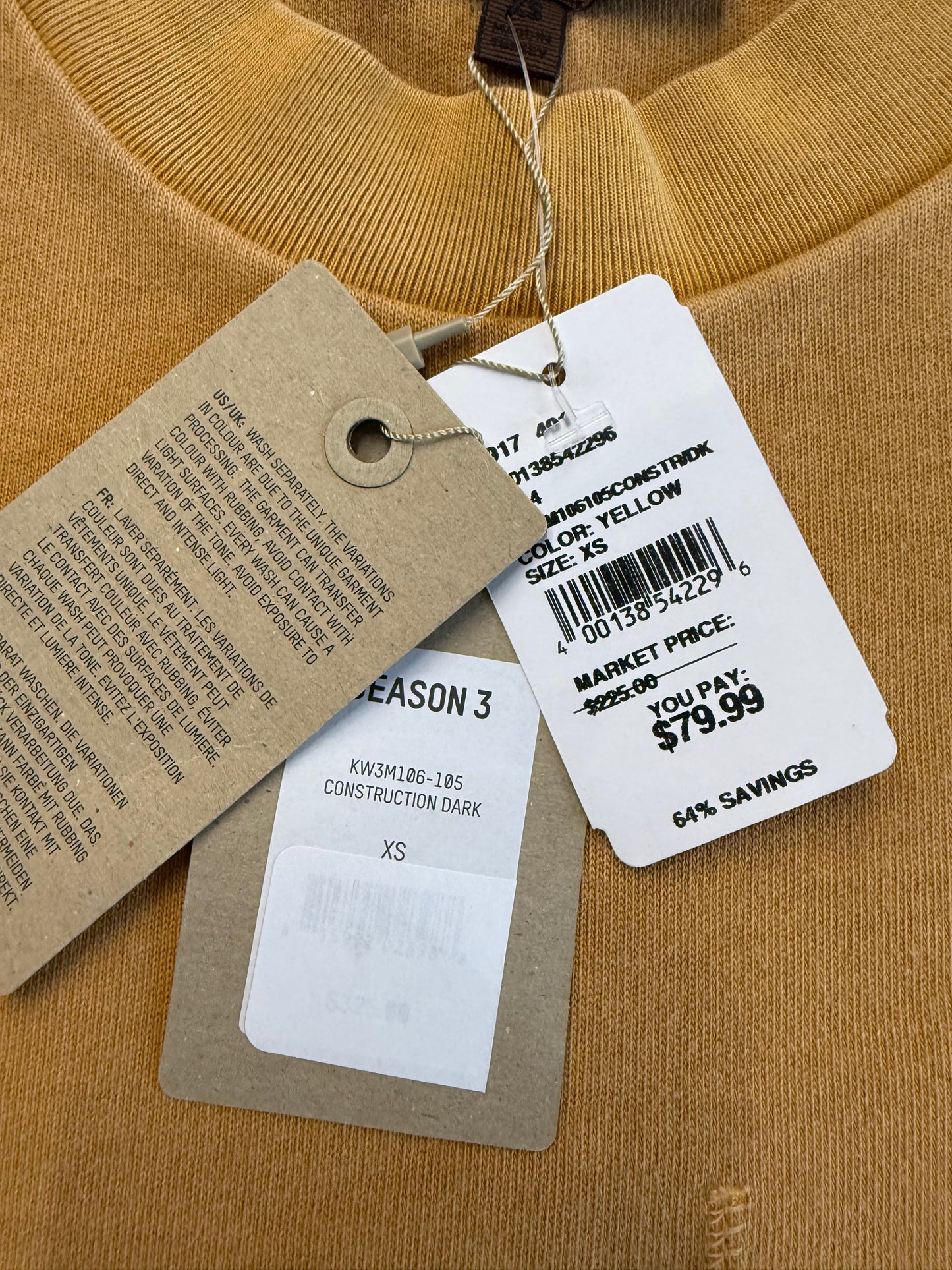 YEEZY SEASON 3 RUGBY CONSTRUCTION SHORT SLEEVE POCKET TEE - YELLOW (XS) (NWT)
