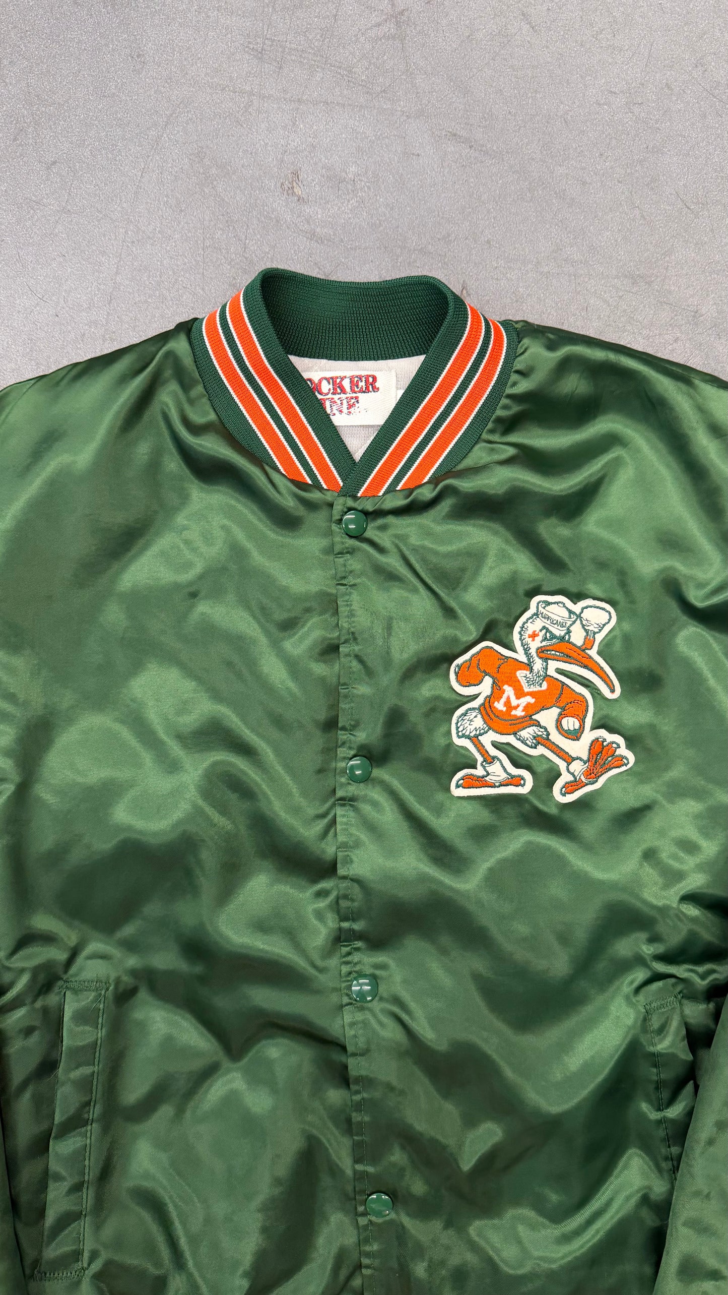 90S UNIVERSITY OF MIAMI HURRICANES SATIN JACKET (LOCKER LINE TAG)
