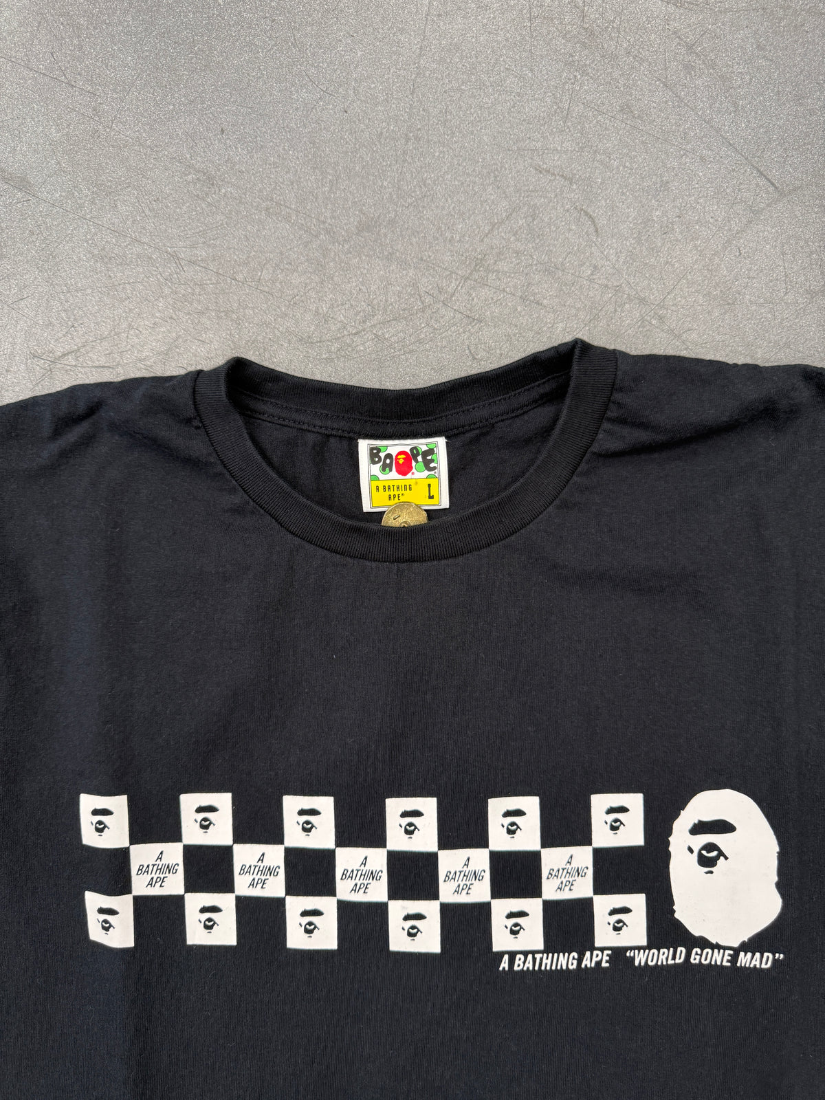 A BATHING APE BAPE ""WORLD GONE MAD"" CHECKERBOARD LONG SLEEVE TEE - BLACK