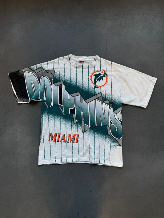 1994 AOP MIAMI DOLPHINS STRIPED WRAP-AROUND SPELLOUT TEE (TRUE FAN TAG)