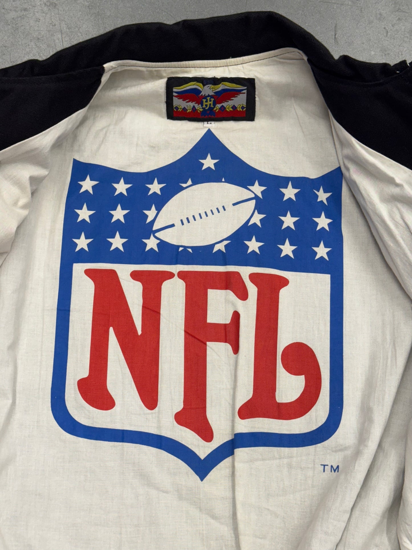 80S JEFF HAMILTON NEW ORLEANS SAINTS BUTTON UP LEATHER SLEEVE VARSITY JACKET