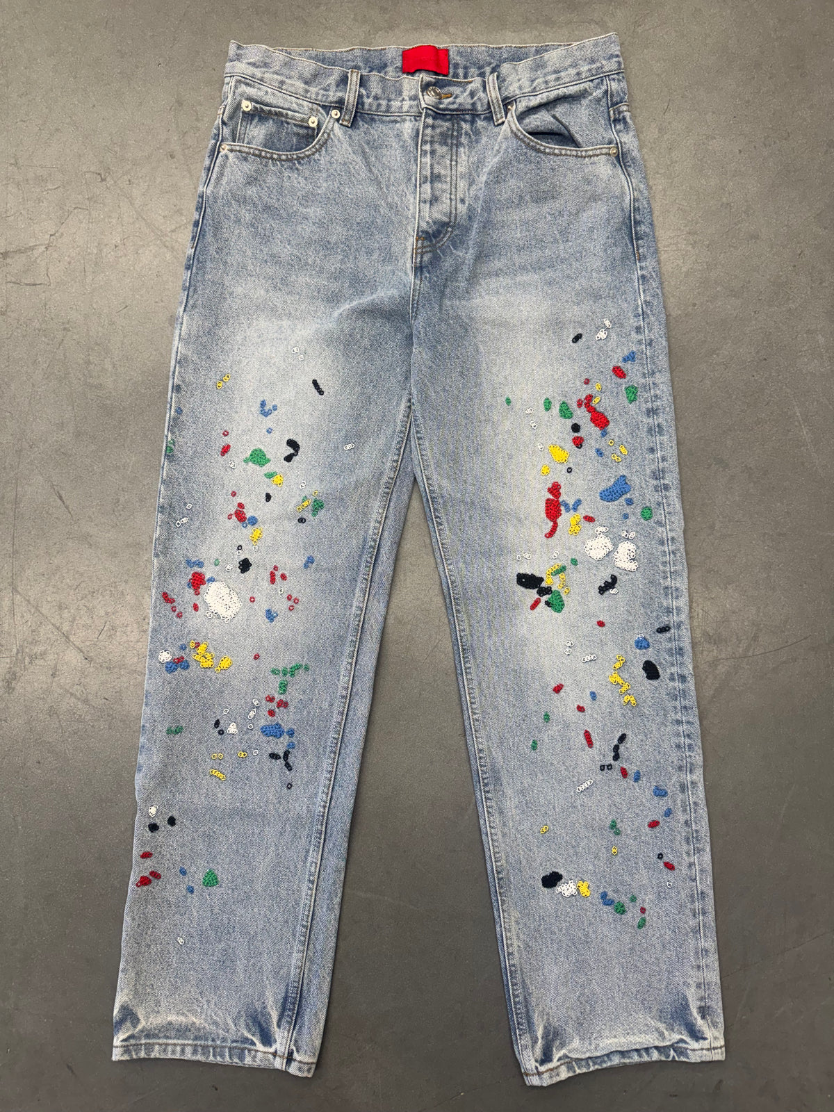 FUGAZI CHAIN EMBROIDERED PAINT SPLATTER LIGHT WASH JEAN