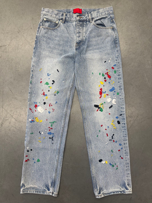 FUGAZI CHAIN EMBROIDERED PAINT SPLATTER LIGHT WASH JEAN