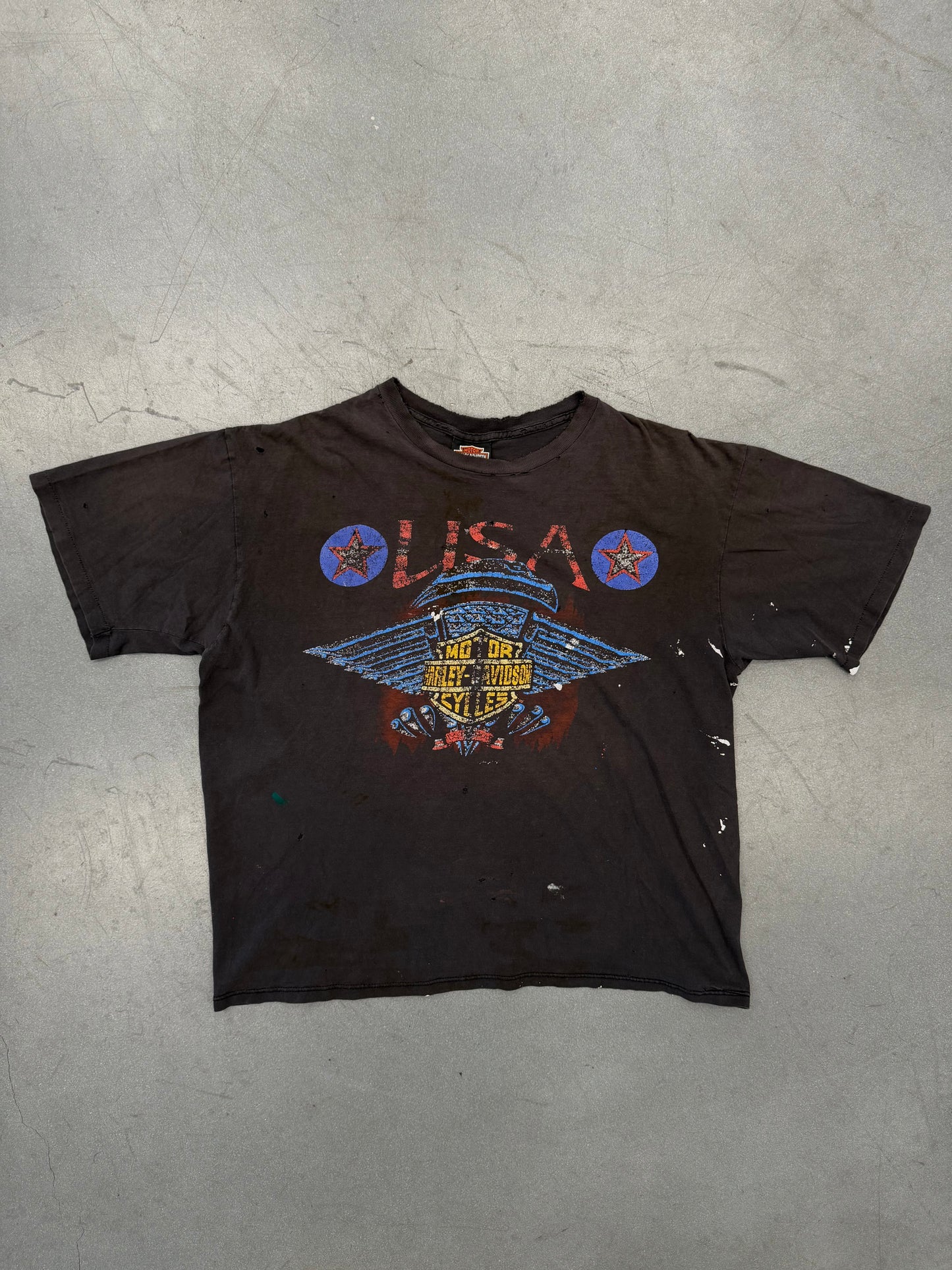 90'S HARLEY-DAVIDSON USA ENGINE TEE (PAINT STAINED) (HARLEY-DAVIDSON TAG)
