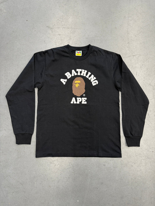 BAPE LONG SLEEVE COLLEGE TEE - BLACK (L) (NEW IN BAG)