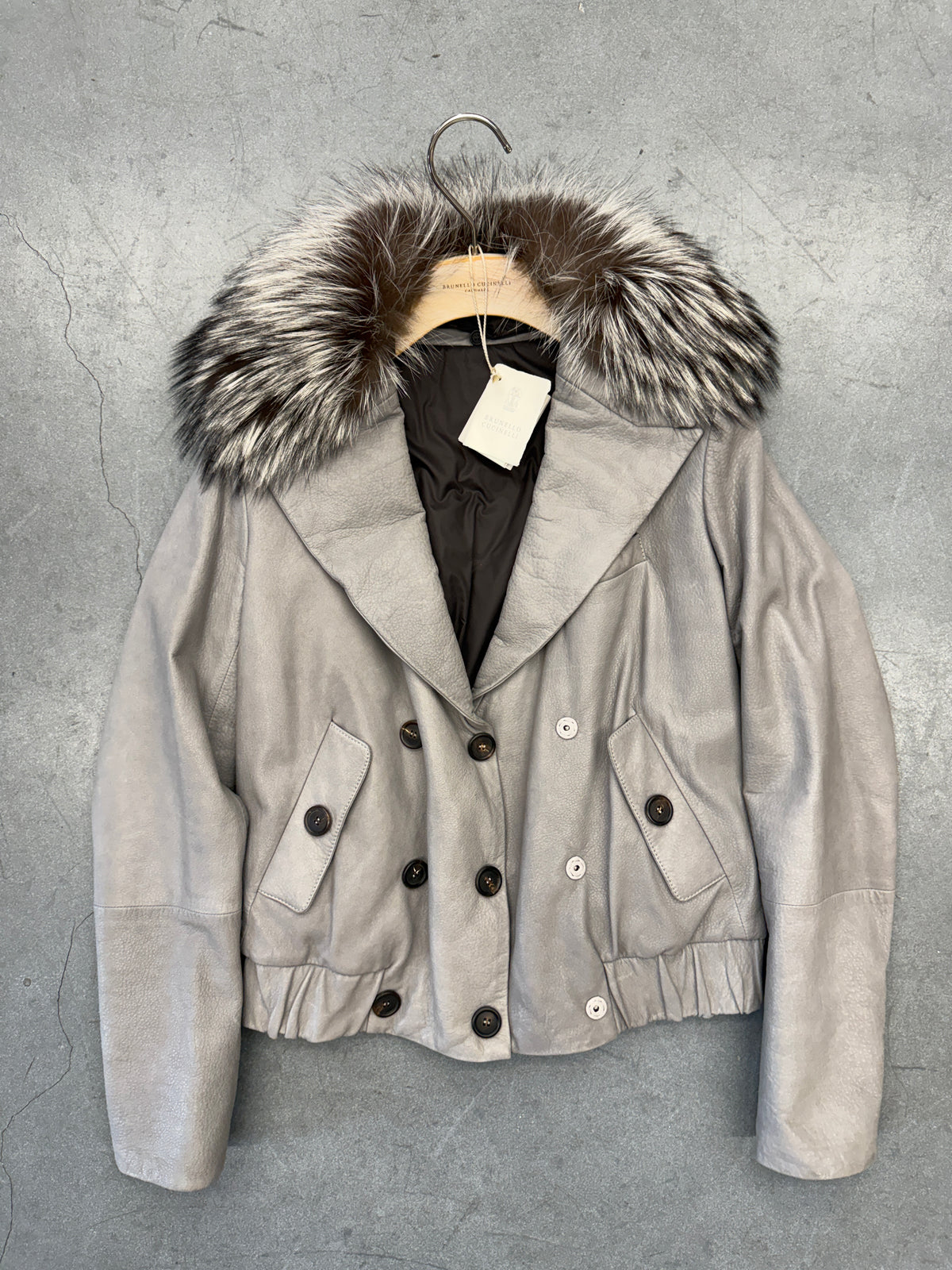 VINTAGE BRUNELLO CUCINELLI REVERSIBLE LEATHER JACKET WITH REAL FOX FUR COLLAR