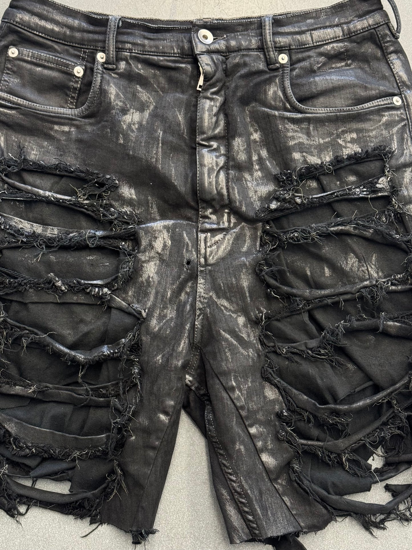 RICK OWENS DRKSHDW SLASHED TYRONE DENIM CUT TO SHORTS